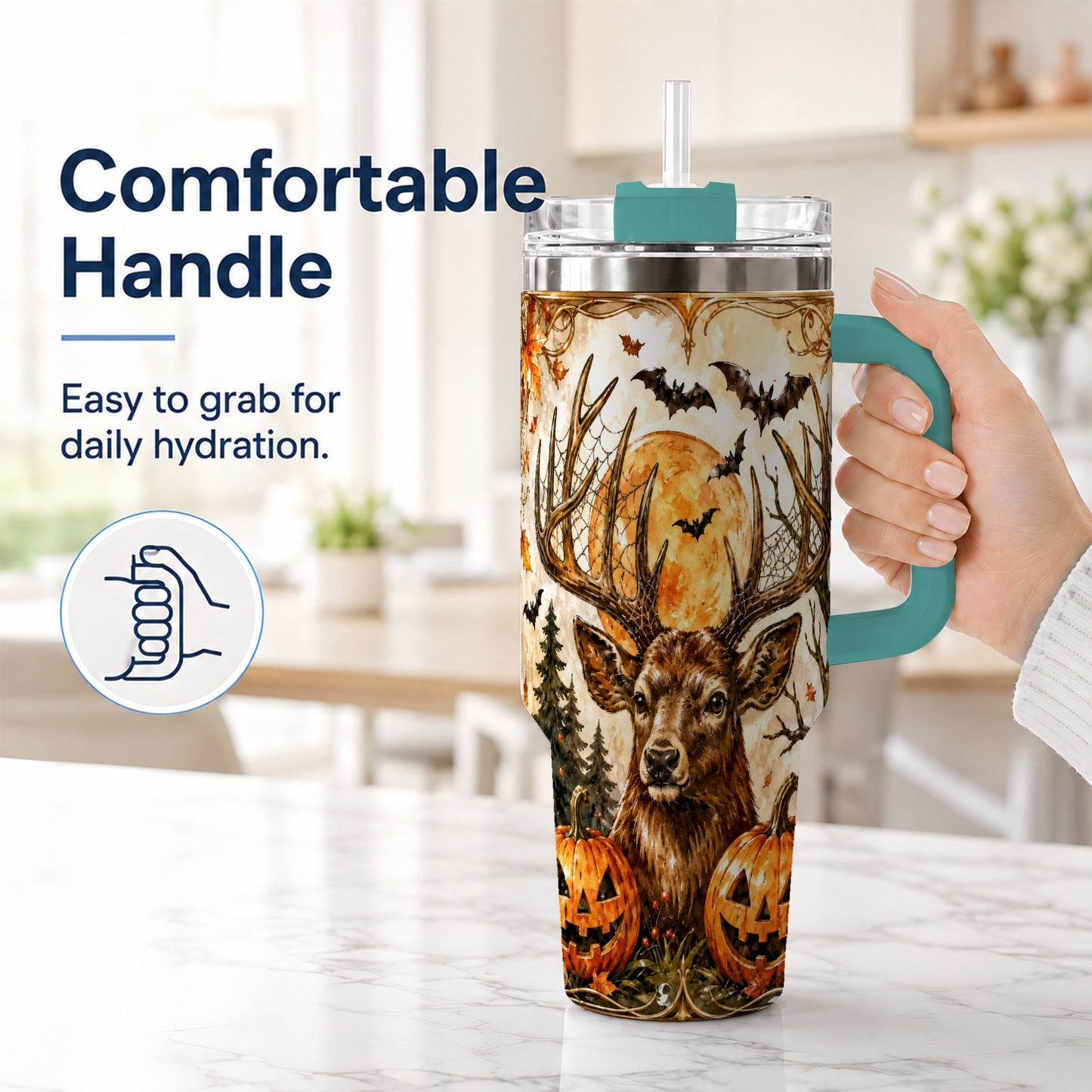 #pl[40oz|Green] Halloween Deer 40oz Tumbler with Handle, Stainless Steel Tumbler