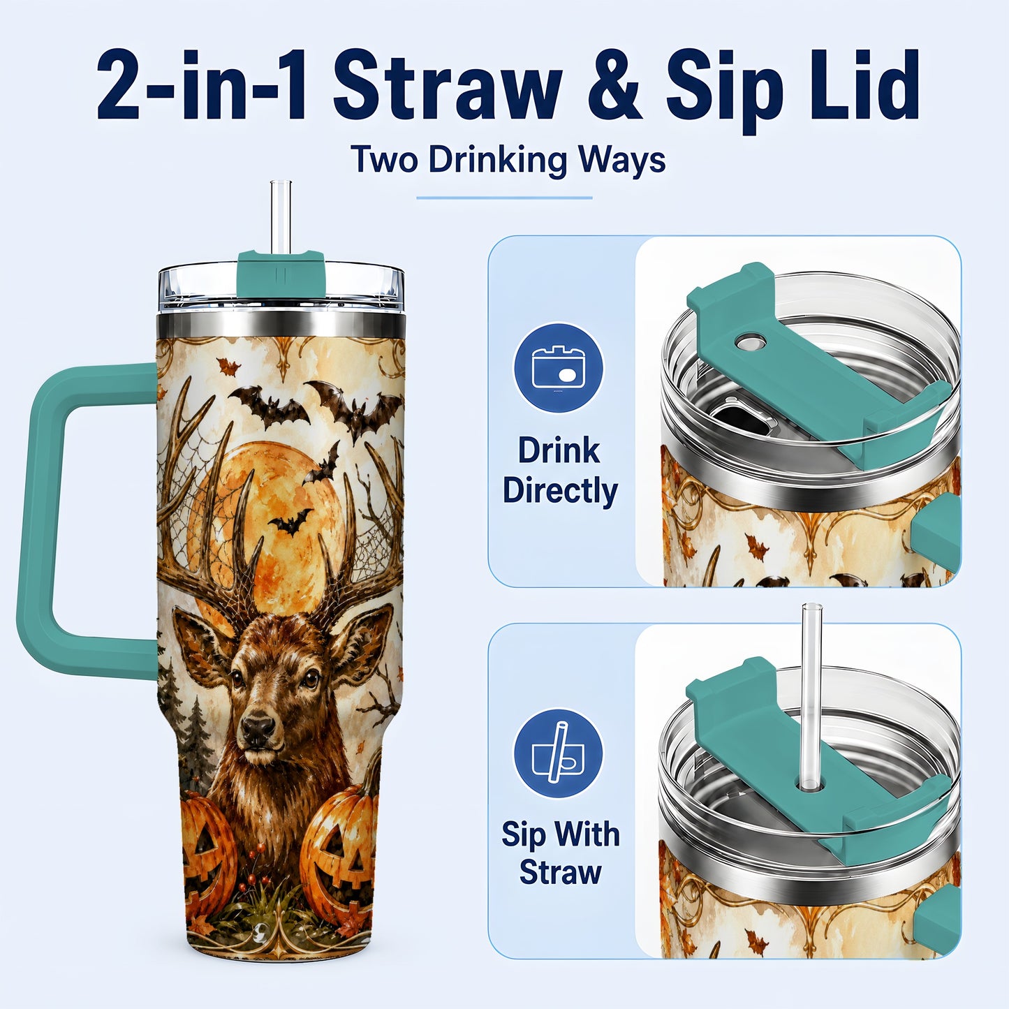 #pl[40oz|Green] Halloween Deer 40oz Tumbler with Handle, Stainless Steel Tumbler