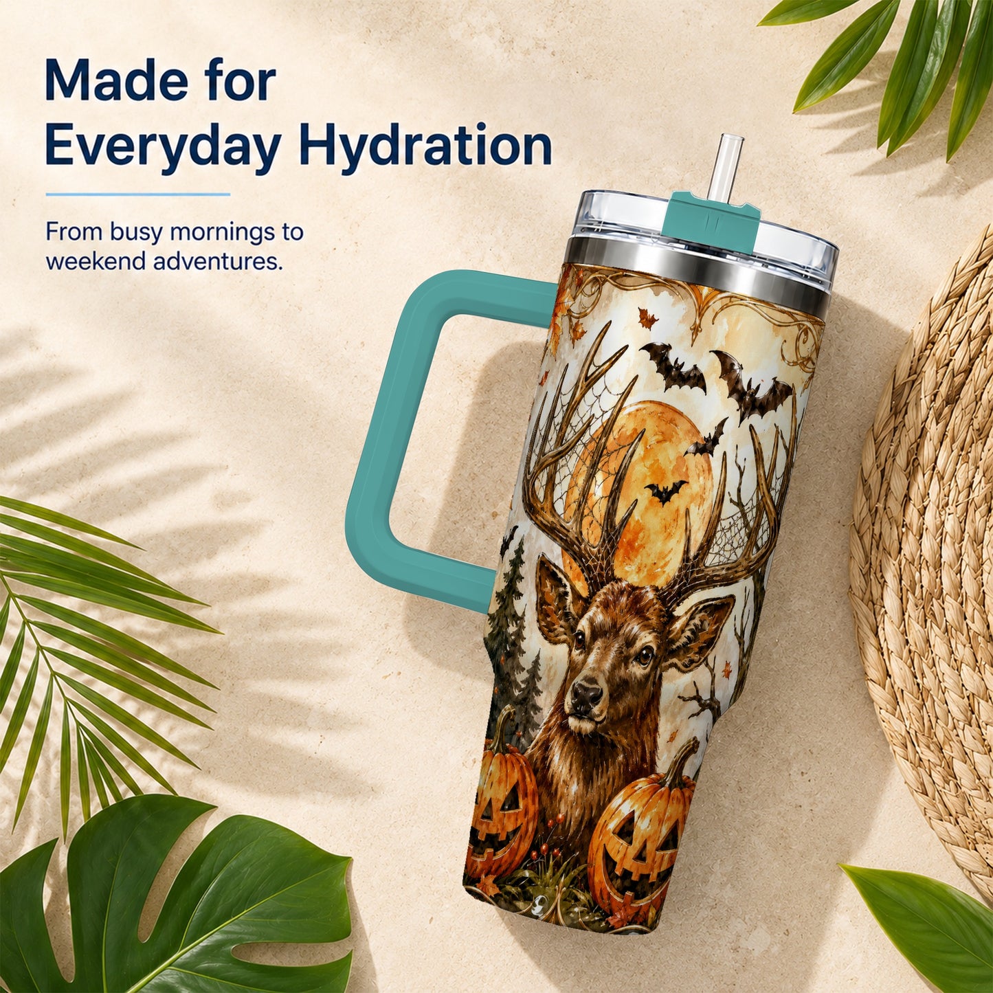 #pl[40oz|Green] Halloween Deer 40oz Tumbler with Handle, Stainless Steel Tumbler