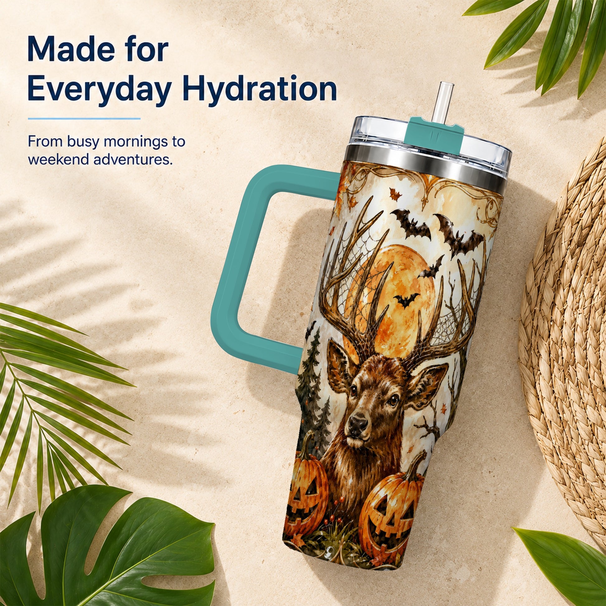 #pl[40oz|Green] Halloween Deer 40oz Tumbler with Handle, Stainless Steel Tumbler