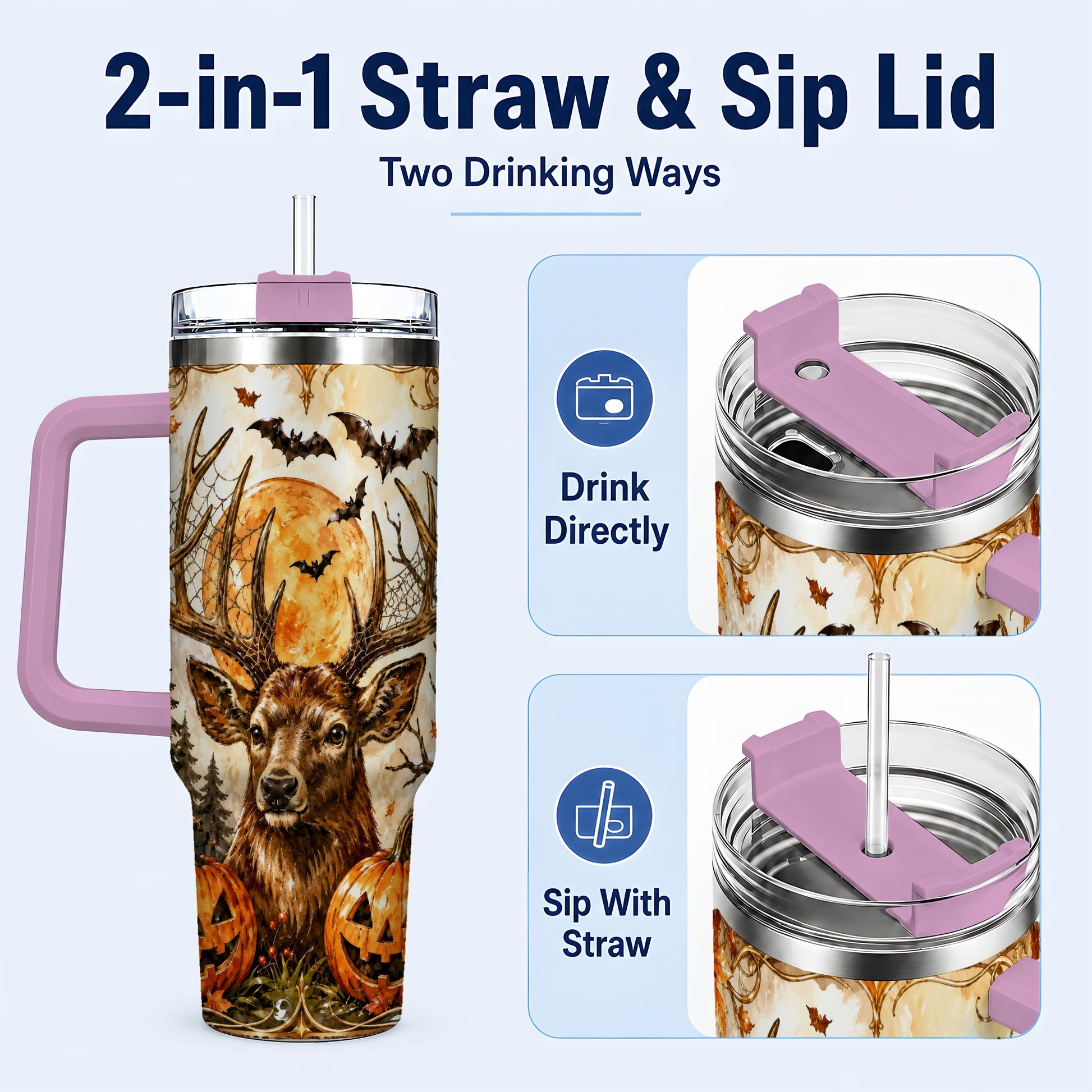 #pl[40oz|Pink] Halloween Deer 40oz Tumbler with Handle, Stainless Steel Tumbler