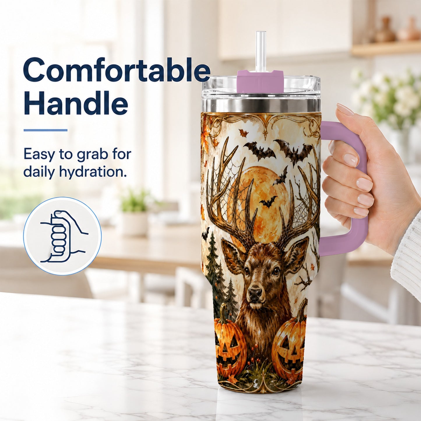 #pl[40oz|Pink] Halloween Deer 40oz Tumbler with Handle, Stainless Steel Tumbler