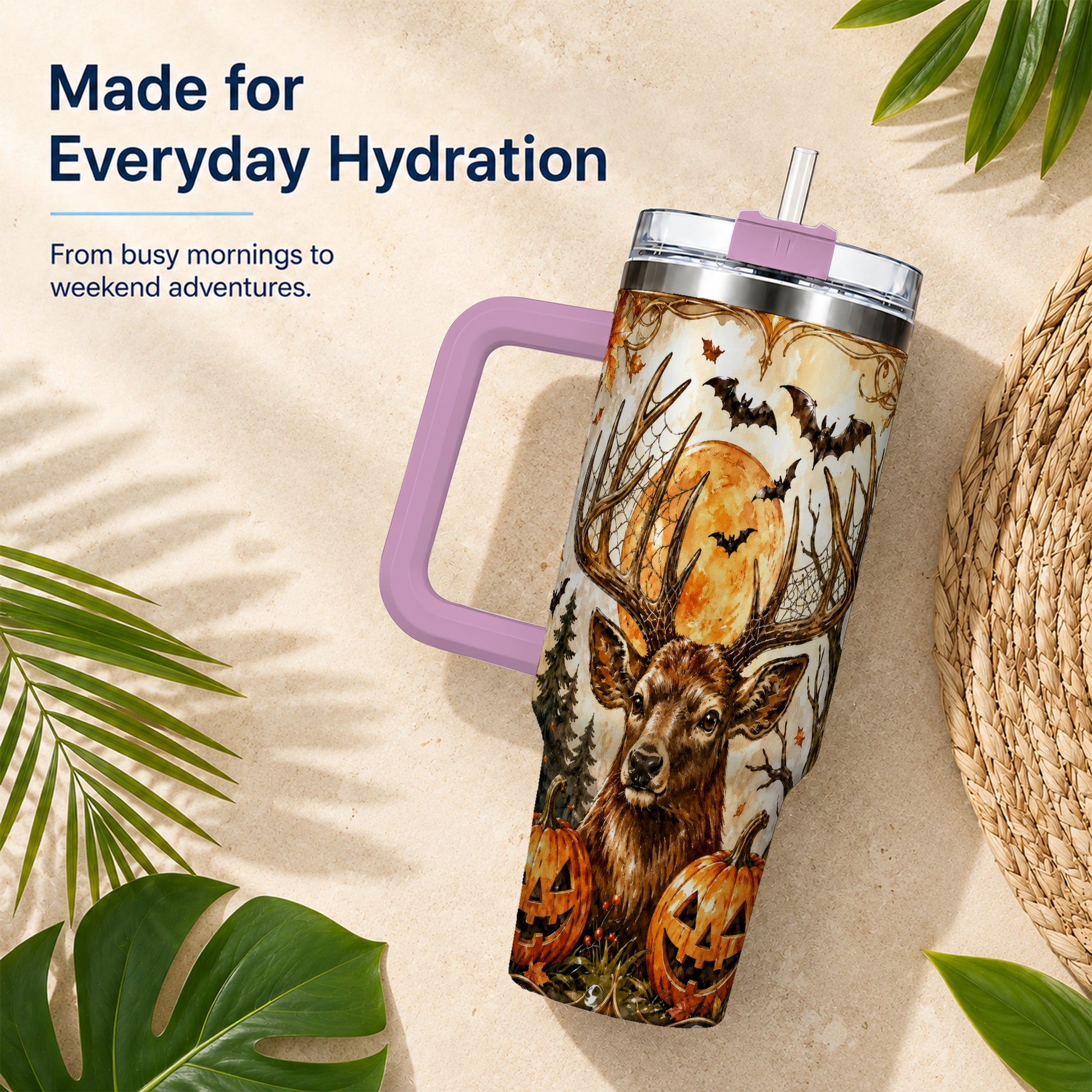 #pl[40oz|Pink] Halloween Deer 40oz Tumbler with Handle, Stainless Steel Tumbler