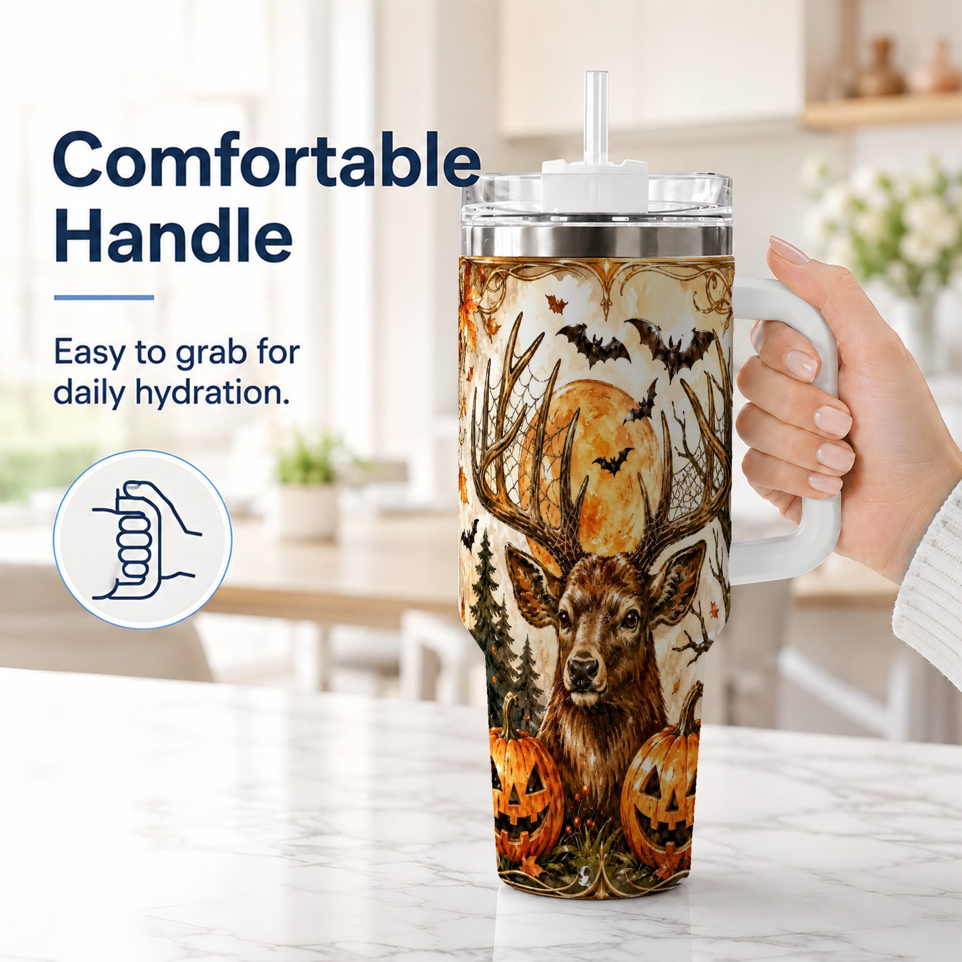 #pl[40oz|White] Halloween Deer 40oz Tumbler with Handle, Stainless Steel Tumbler