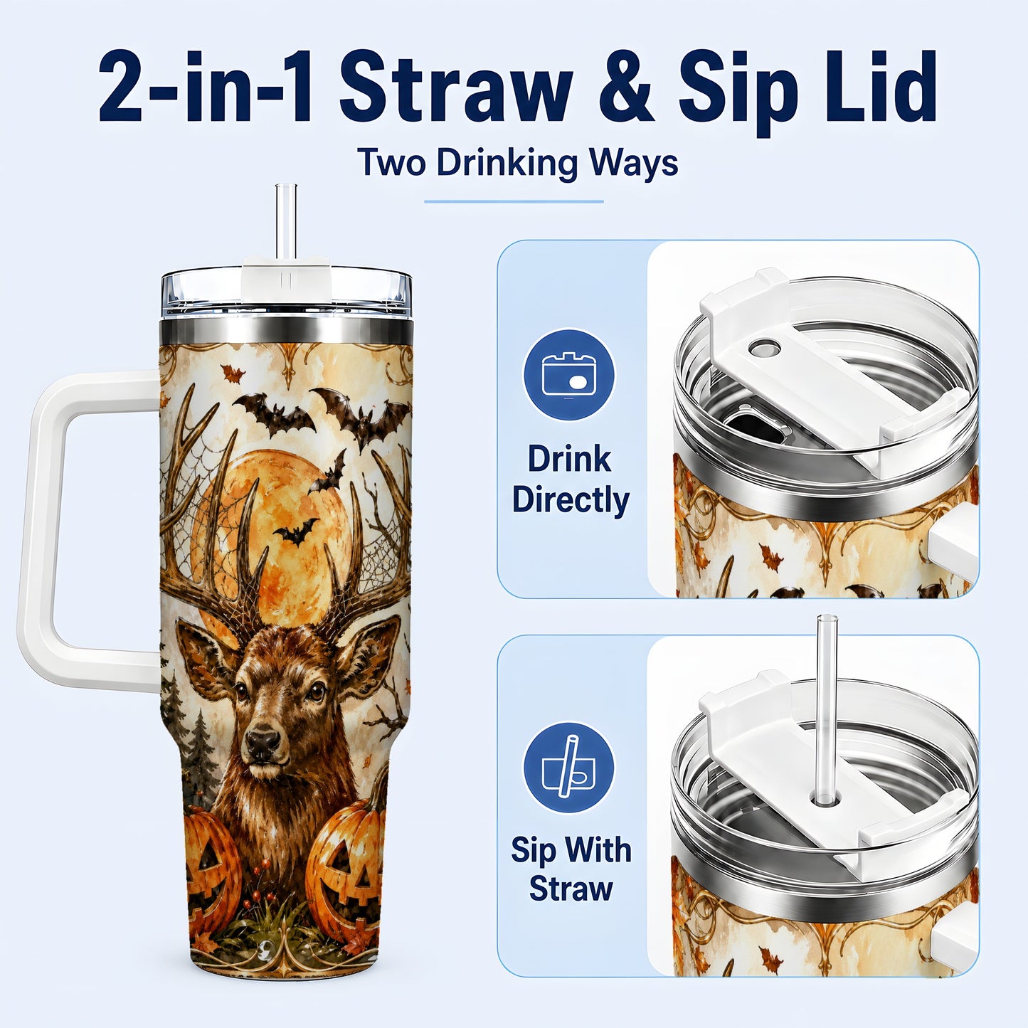 #pl[40oz|White] Halloween Deer 40oz Tumbler with Handle, Stainless Steel Tumbler