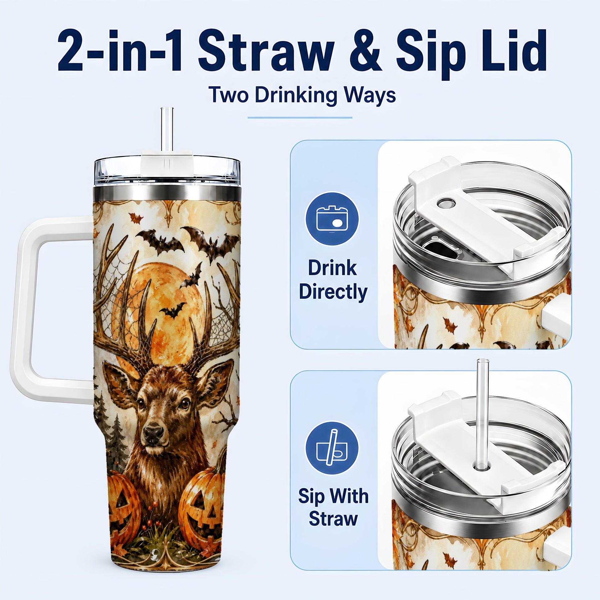 #pl[40oz|White] Halloween Deer 40oz Tumbler with Handle, Stainless Steel Tumbler