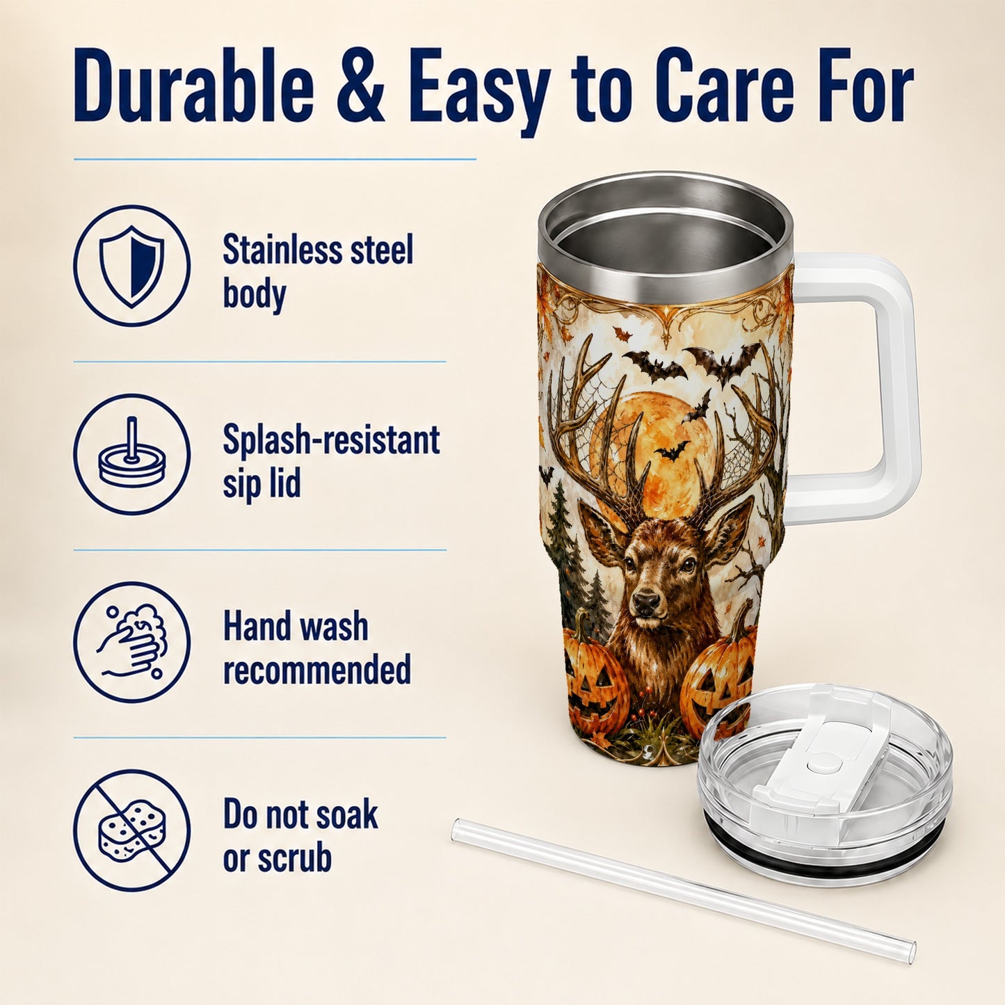 #pl[40oz|White] Halloween Deer 40oz Tumbler with Handle, Stainless Steel Tumbler