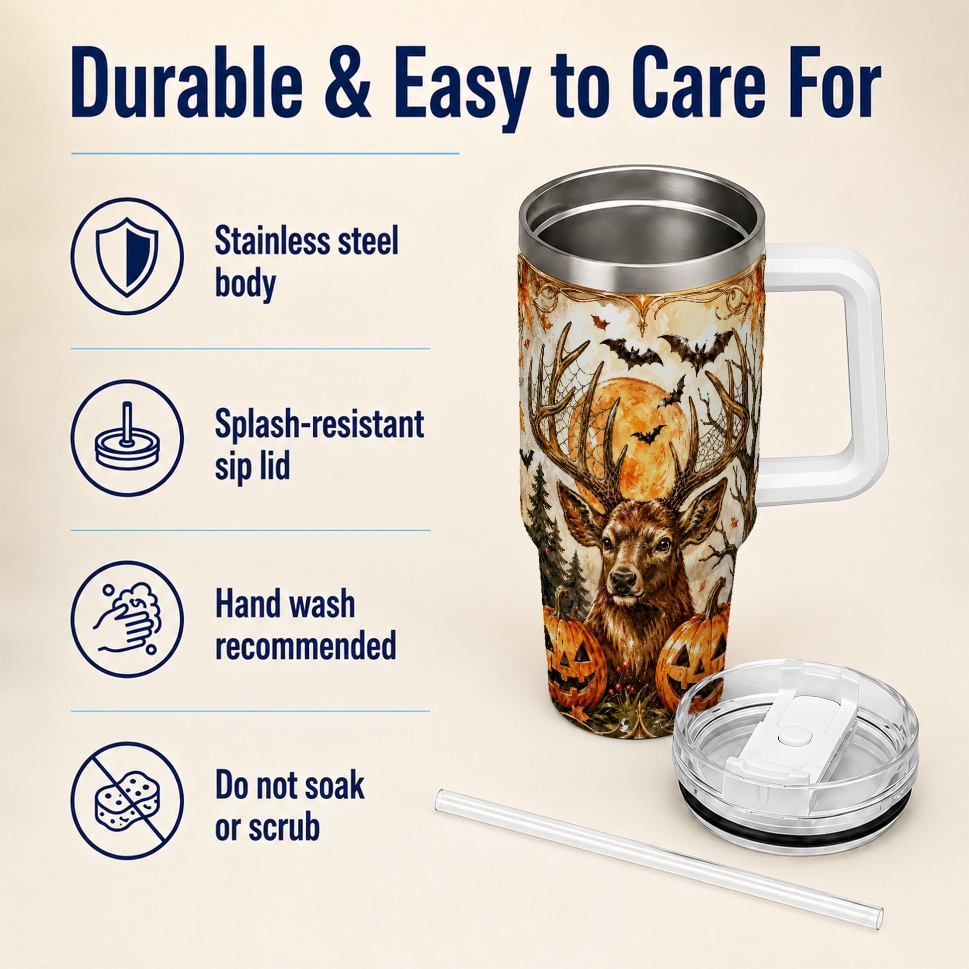 #pl[40oz|White] Halloween Deer 40oz Tumbler with Handle, Stainless Steel Tumbler