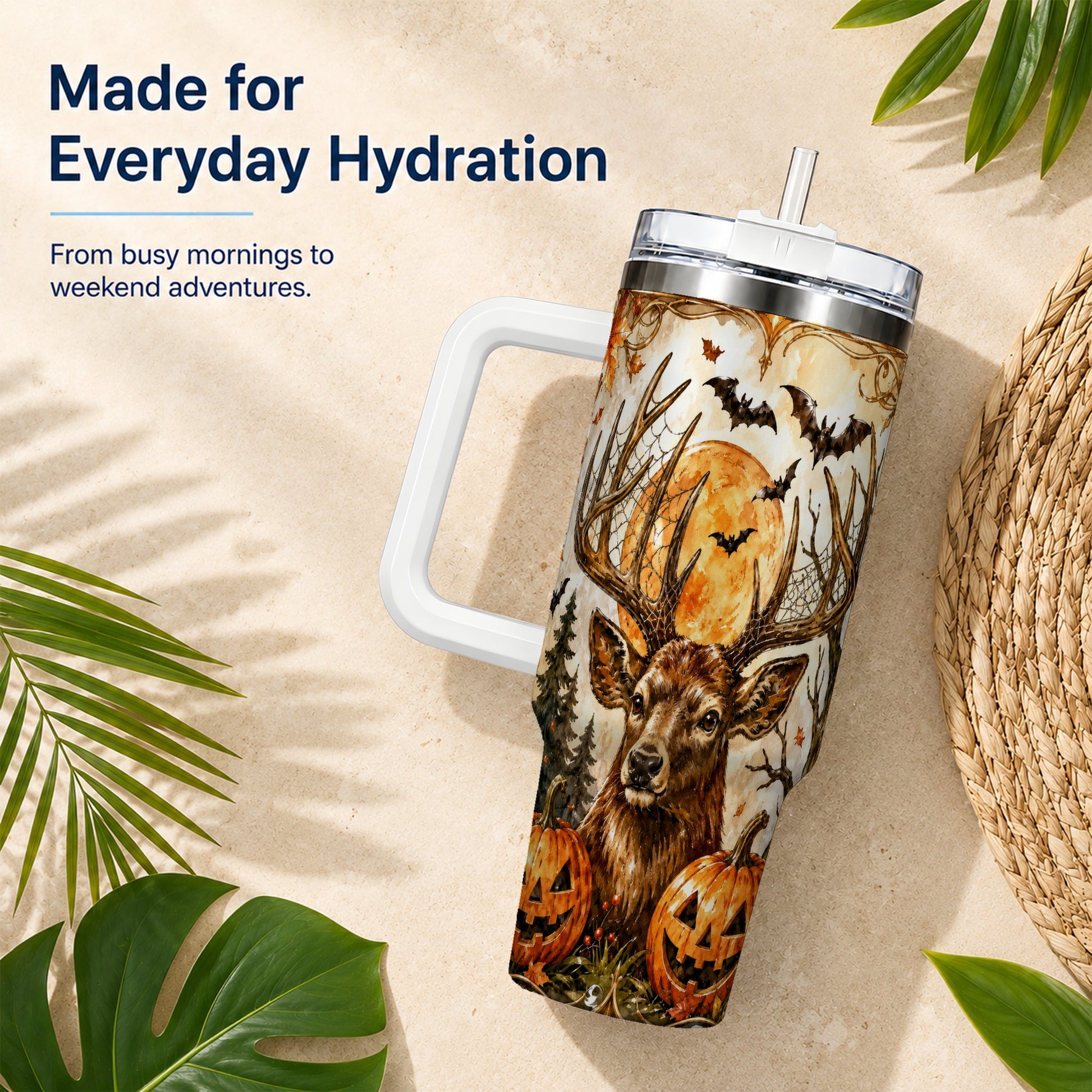 #pl[40oz|White] Halloween Deer 40oz Tumbler with Handle, Stainless Steel Tumbler