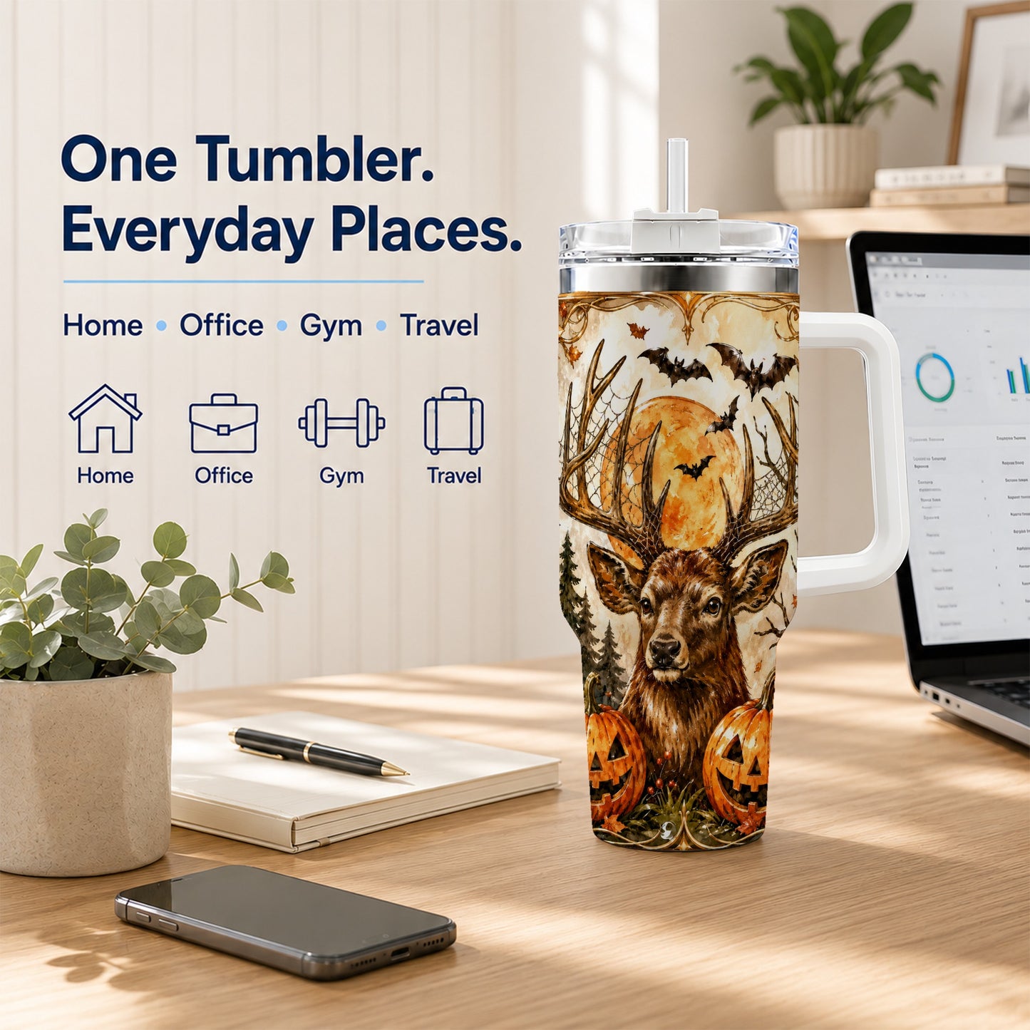#pl[40oz|White] Halloween Deer 40oz Tumbler with Handle, Stainless Steel Tumbler