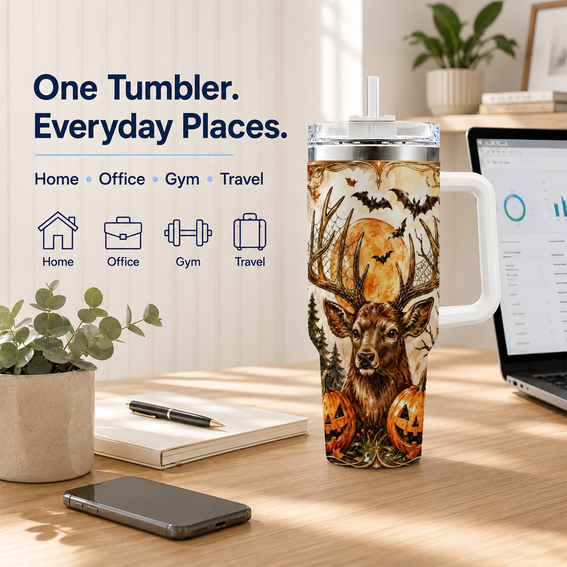 #pl[40oz|White] Halloween Deer 40oz Tumbler with Handle, Stainless Steel Tumbler