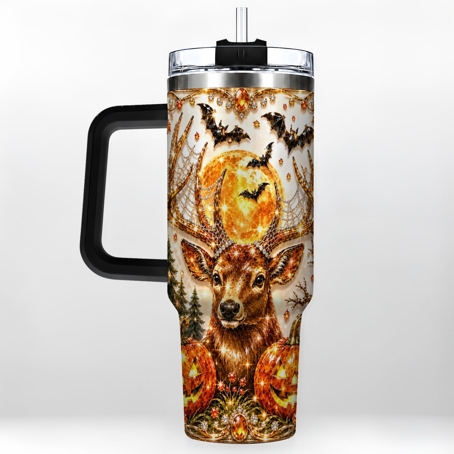 #pl[40oz|Black] Jeweled Deer 40oz Tumbler with Handle, Stainless Steel Tumbler