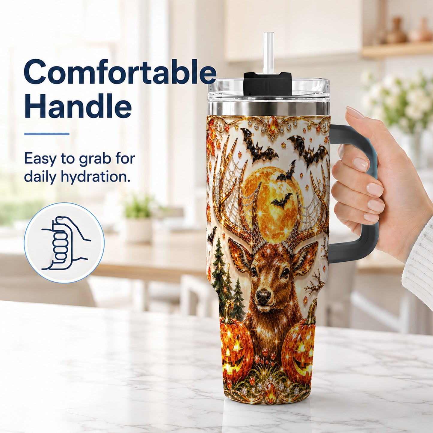 #pl[40oz|Black] Jeweled Deer 40oz Tumbler with Handle, Stainless Steel Tumbler