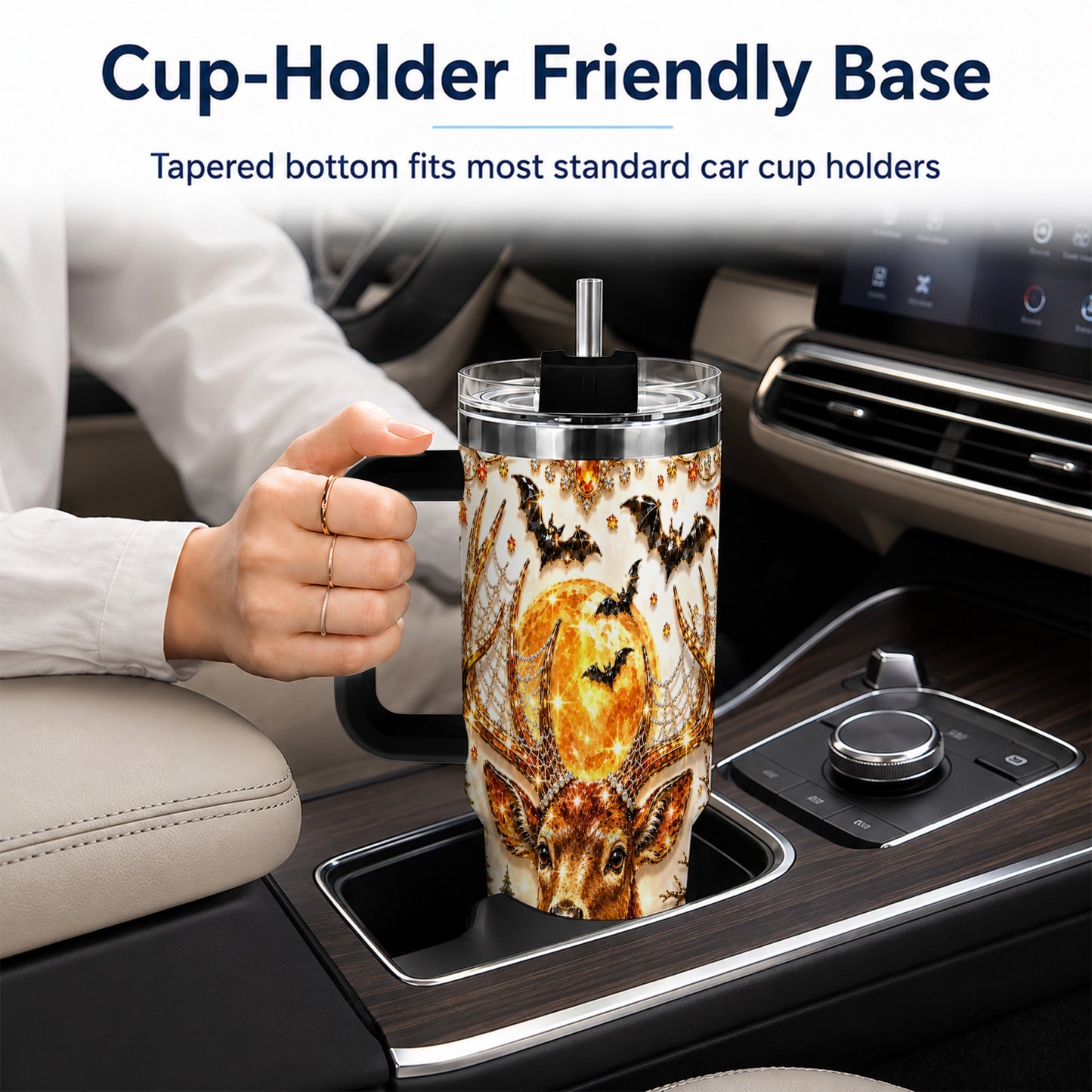 #pl[40oz|Black] Jeweled Deer 40oz Tumbler with Handle, Stainless Steel Tumbler