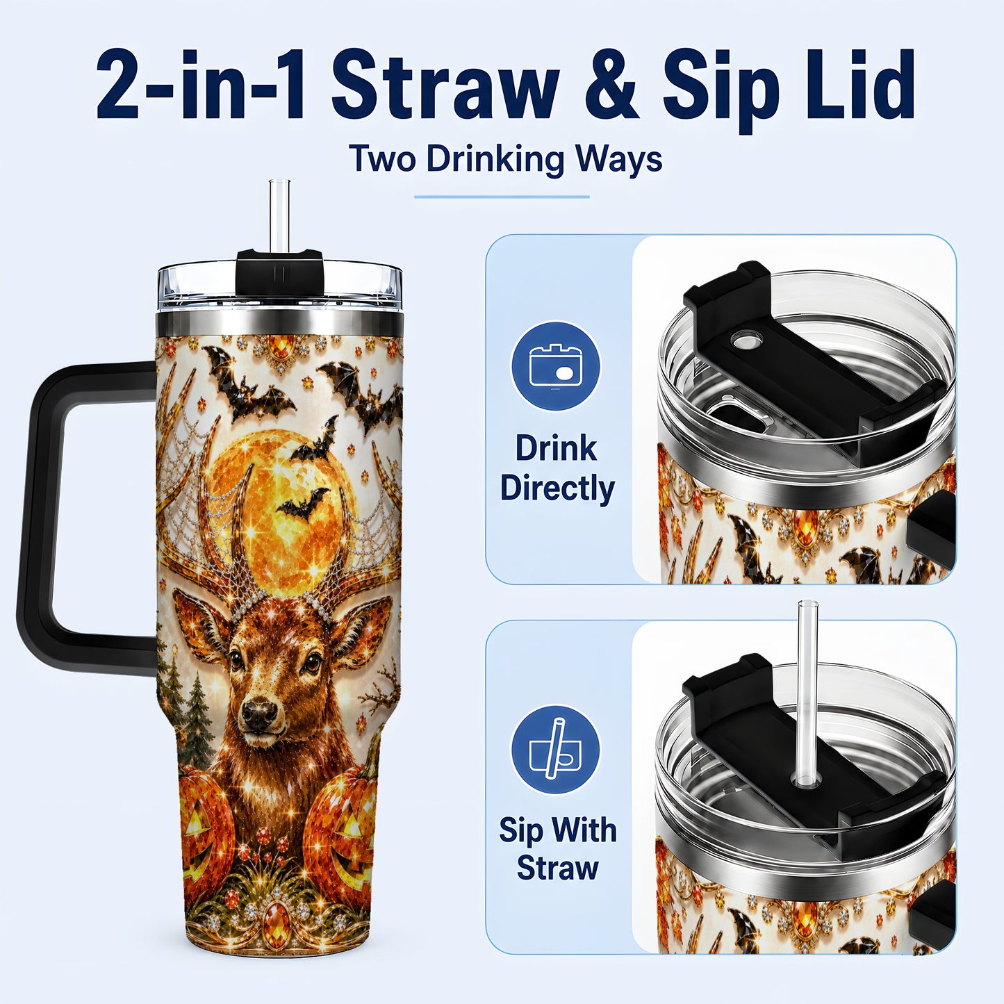 #pl[40oz|Black] Jeweled Deer 40oz Tumbler with Handle, Stainless Steel Tumbler