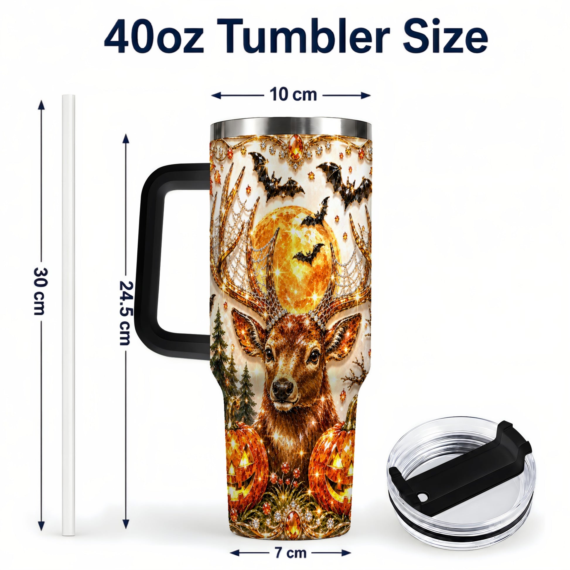 #pl[40oz|Black] Jeweled Deer 40oz Tumbler with Handle, Stainless Steel Tumbler