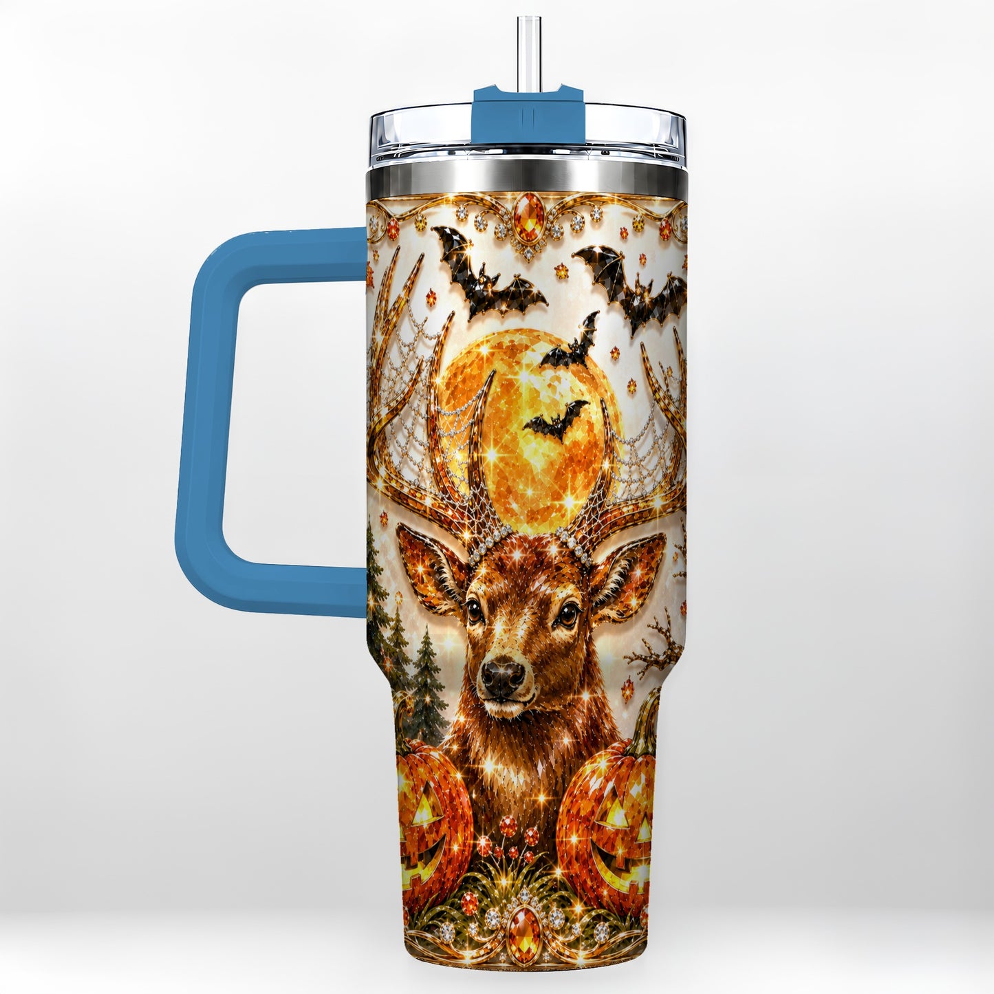 #pl[40oz|Blue] Jeweled Deer 40oz Tumbler with Handle, Stainless Steel Tumbler