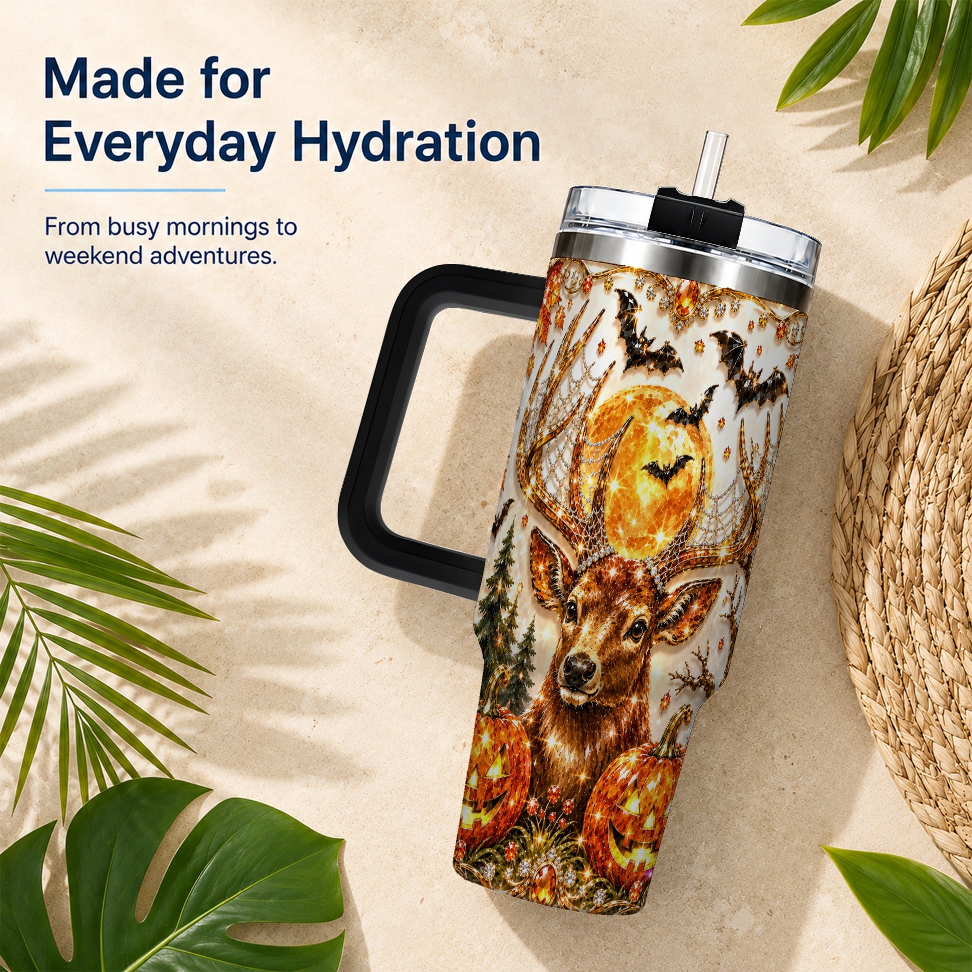 #pl[40oz|Black] Jeweled Deer 40oz Tumbler with Handle, Stainless Steel Tumbler
