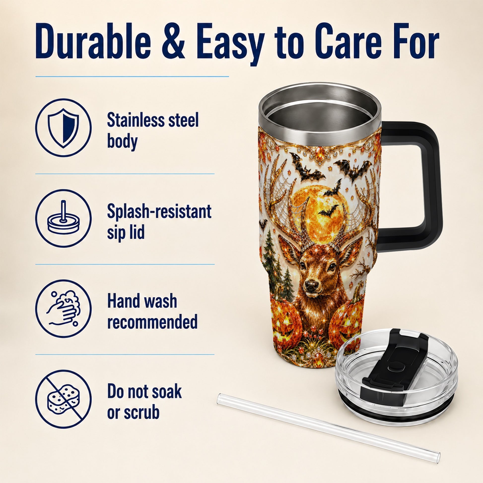 #pl[40oz|Black] Jeweled Deer 40oz Tumbler with Handle, Stainless Steel Tumbler