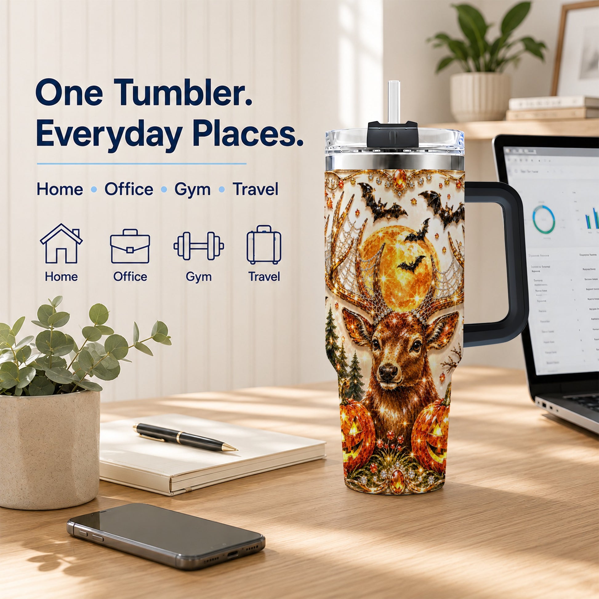 #pl[40oz|Black] Jeweled Deer 40oz Tumbler with Handle, Stainless Steel Tumbler