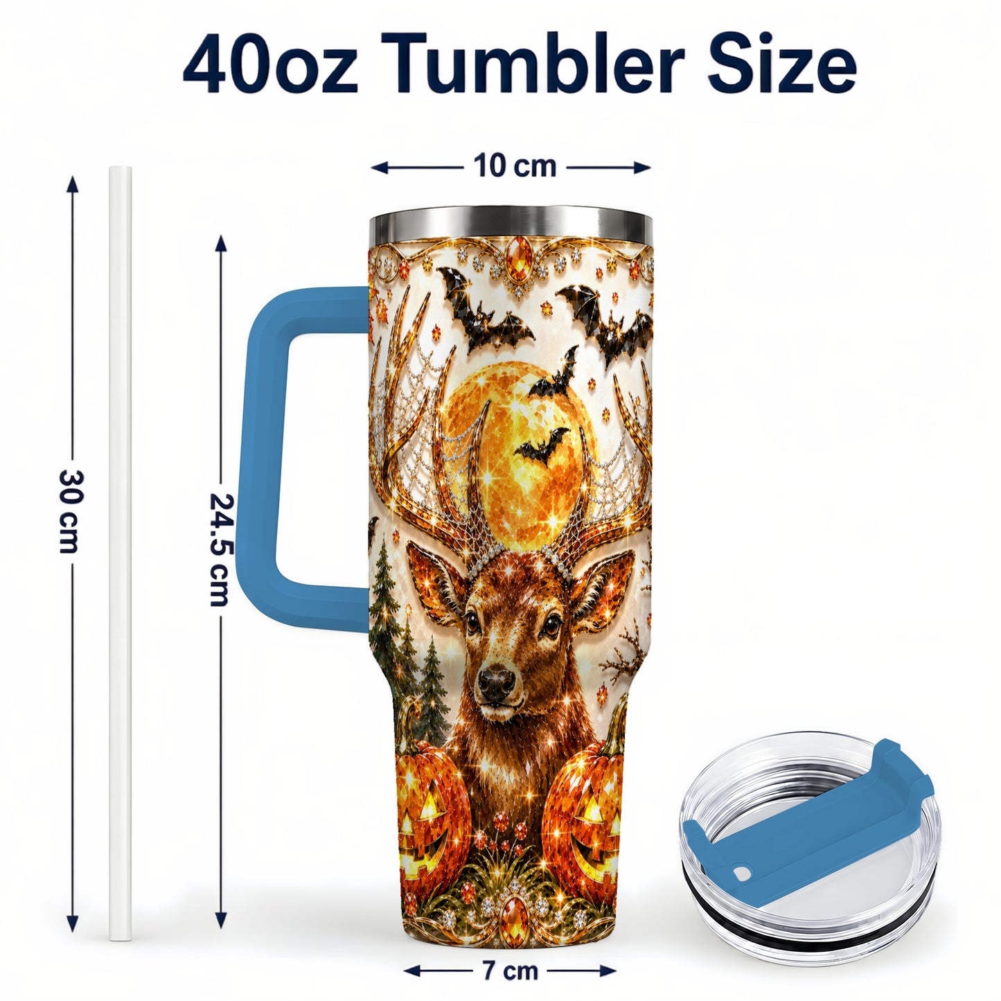 #pl[40oz|Blue] Jeweled Deer 40oz Tumbler with Handle, Stainless Steel Tumbler