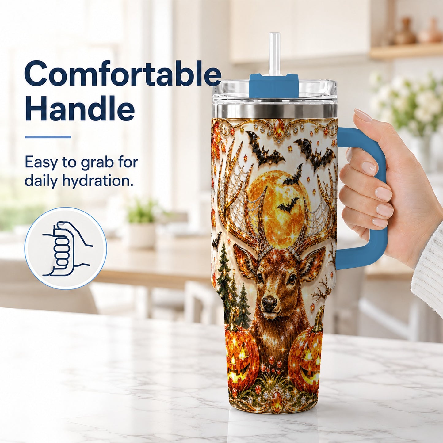 #pl[40oz|Blue] Jeweled Deer 40oz Tumbler with Handle, Stainless Steel Tumbler