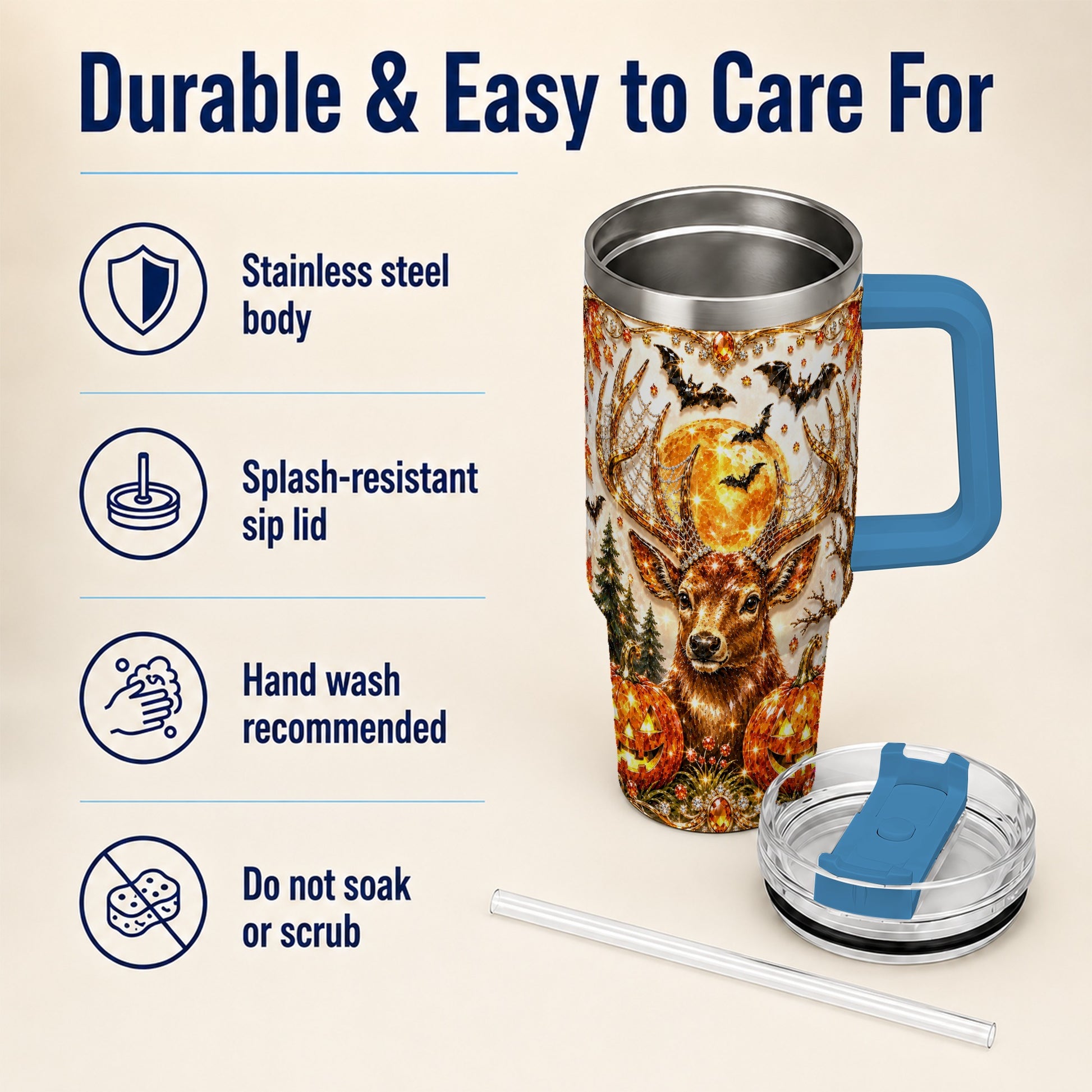 #pl[40oz|Blue] Jeweled Deer 40oz Tumbler with Handle, Stainless Steel Tumbler