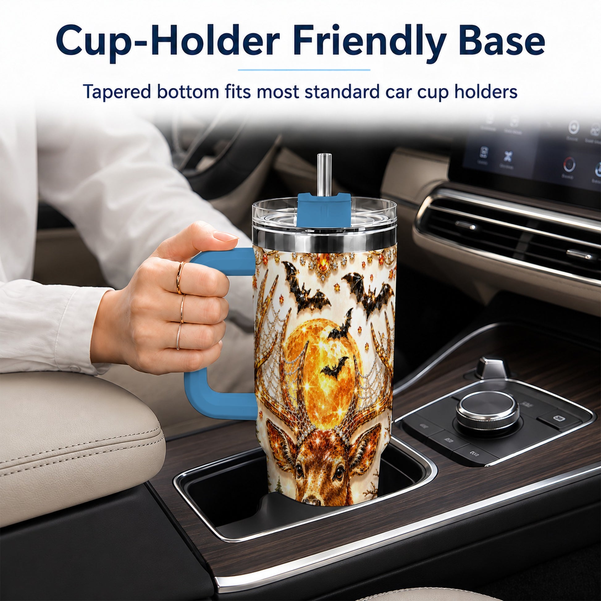 #pl[40oz|Blue] Jeweled Deer 40oz Tumbler with Handle, Stainless Steel Tumbler