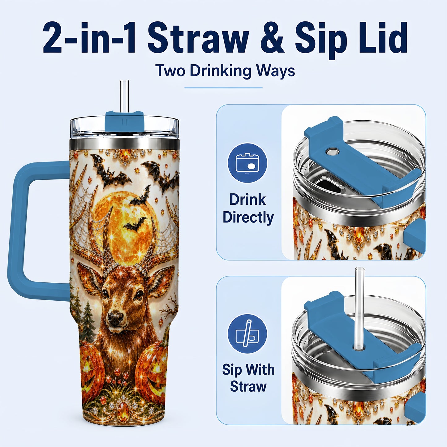 #pl[40oz|Blue] Jeweled Deer 40oz Tumbler with Handle, Stainless Steel Tumbler
