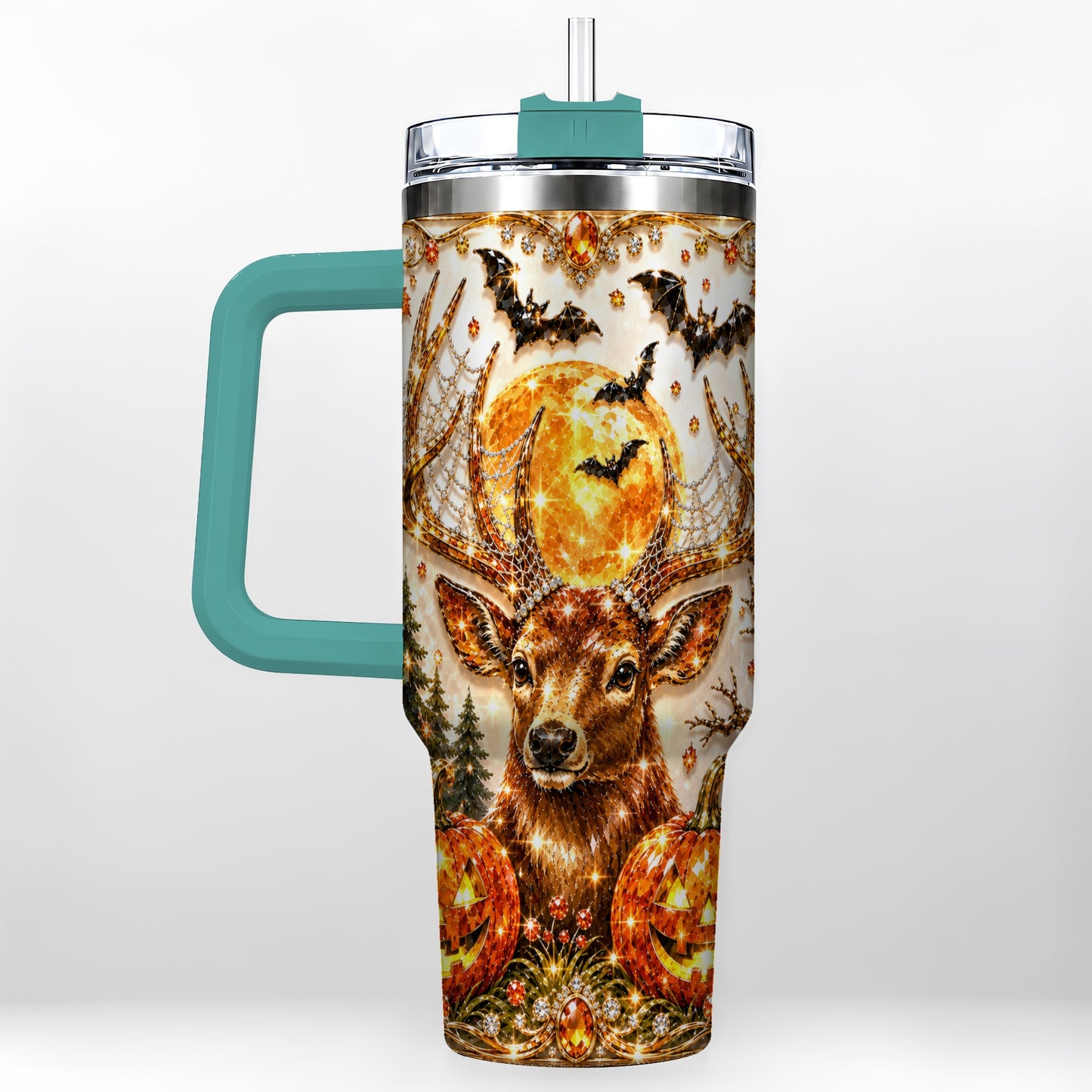 #pl[40oz|Green] Jeweled Deer 40oz Tumbler with Handle, Stainless Steel Tumbler