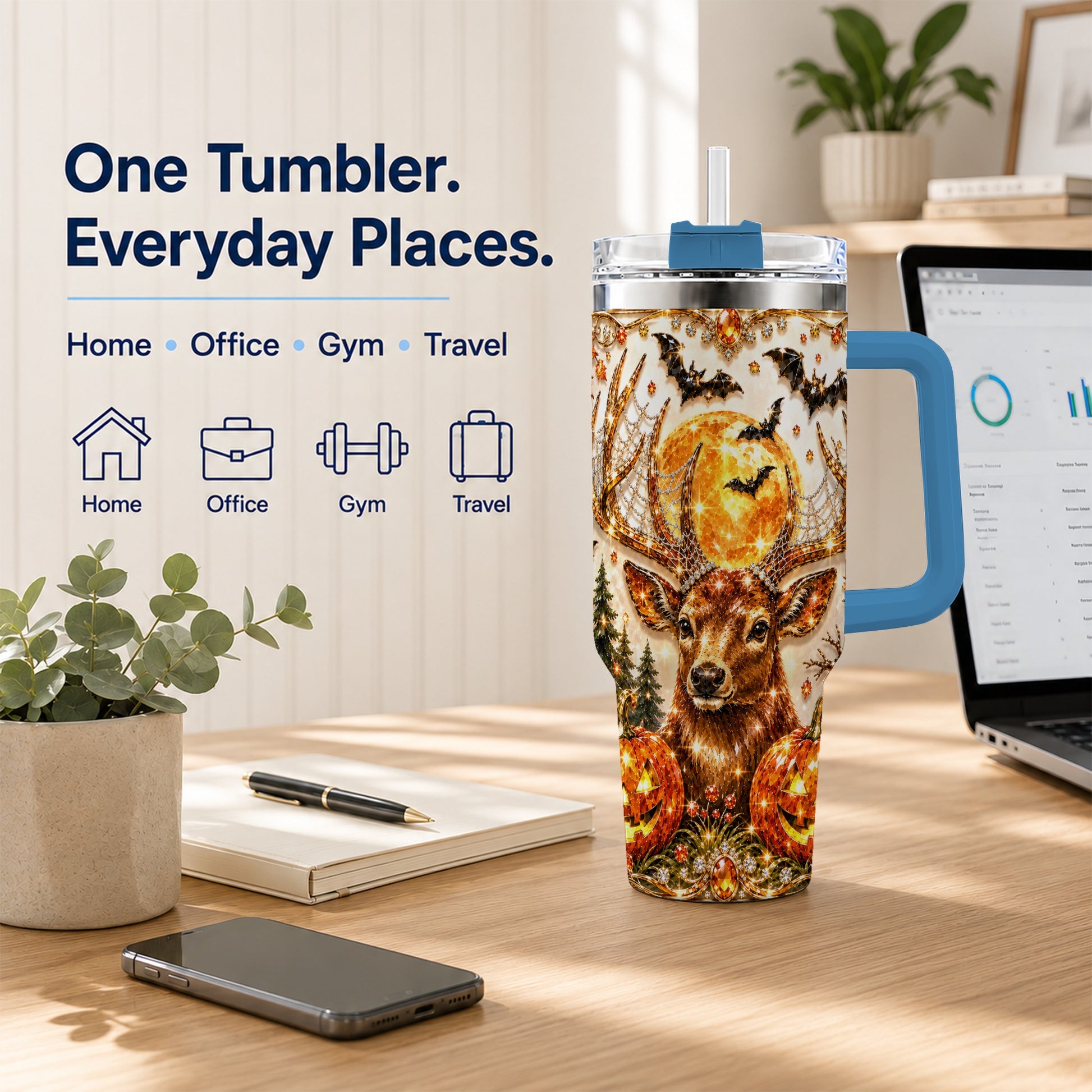 #pl[40oz|Blue] Jeweled Deer 40oz Tumbler with Handle, Stainless Steel Tumbler