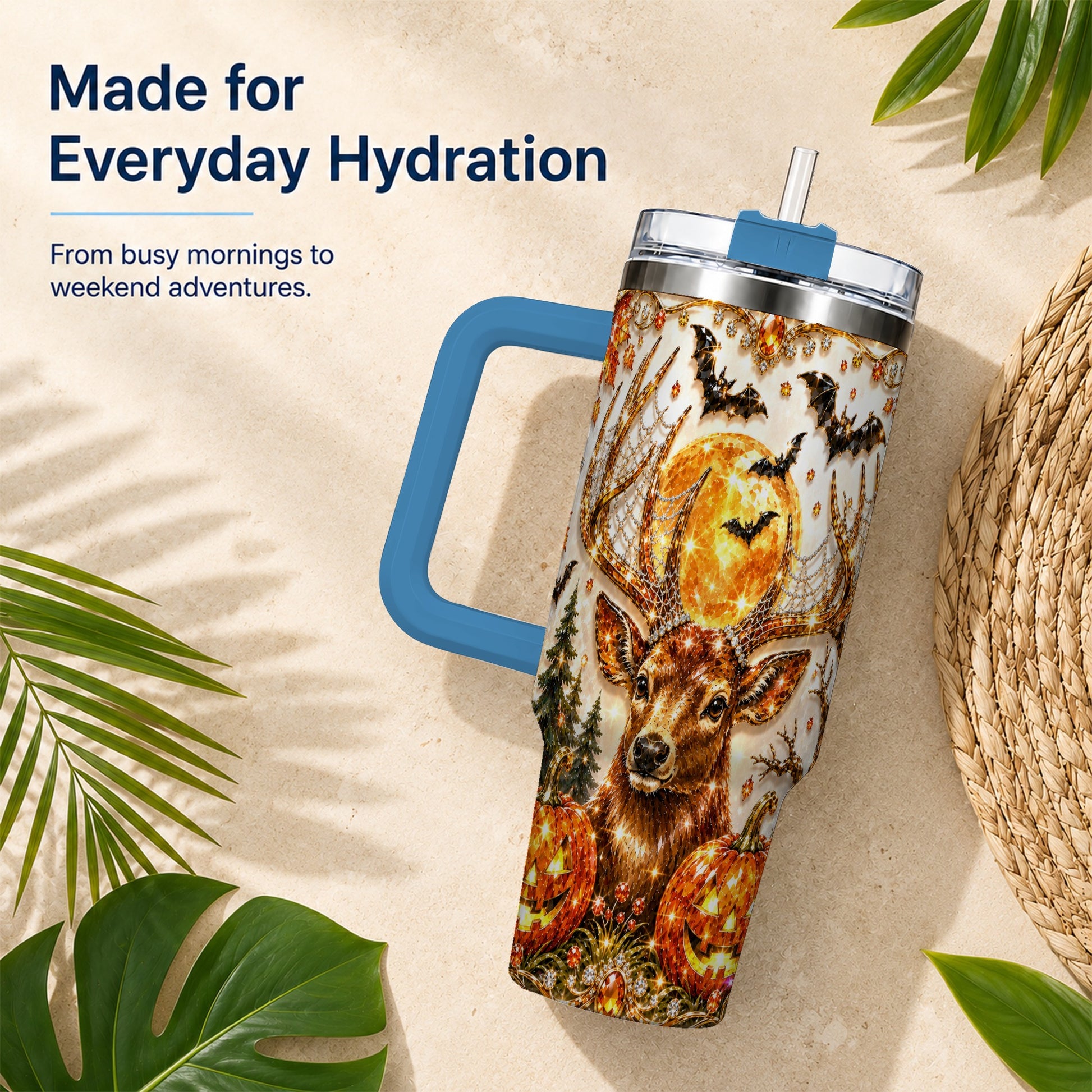 #pl[40oz|Blue] Jeweled Deer 40oz Tumbler with Handle, Stainless Steel Tumbler