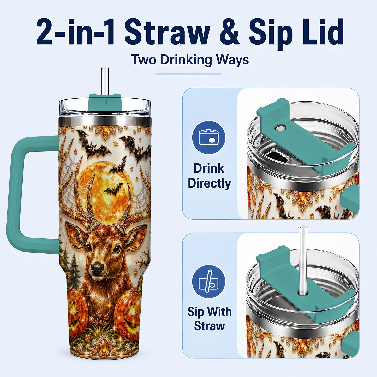 #pl[40oz|Green] Jeweled Deer 40oz Tumbler with Handle, Stainless Steel Tumbler
