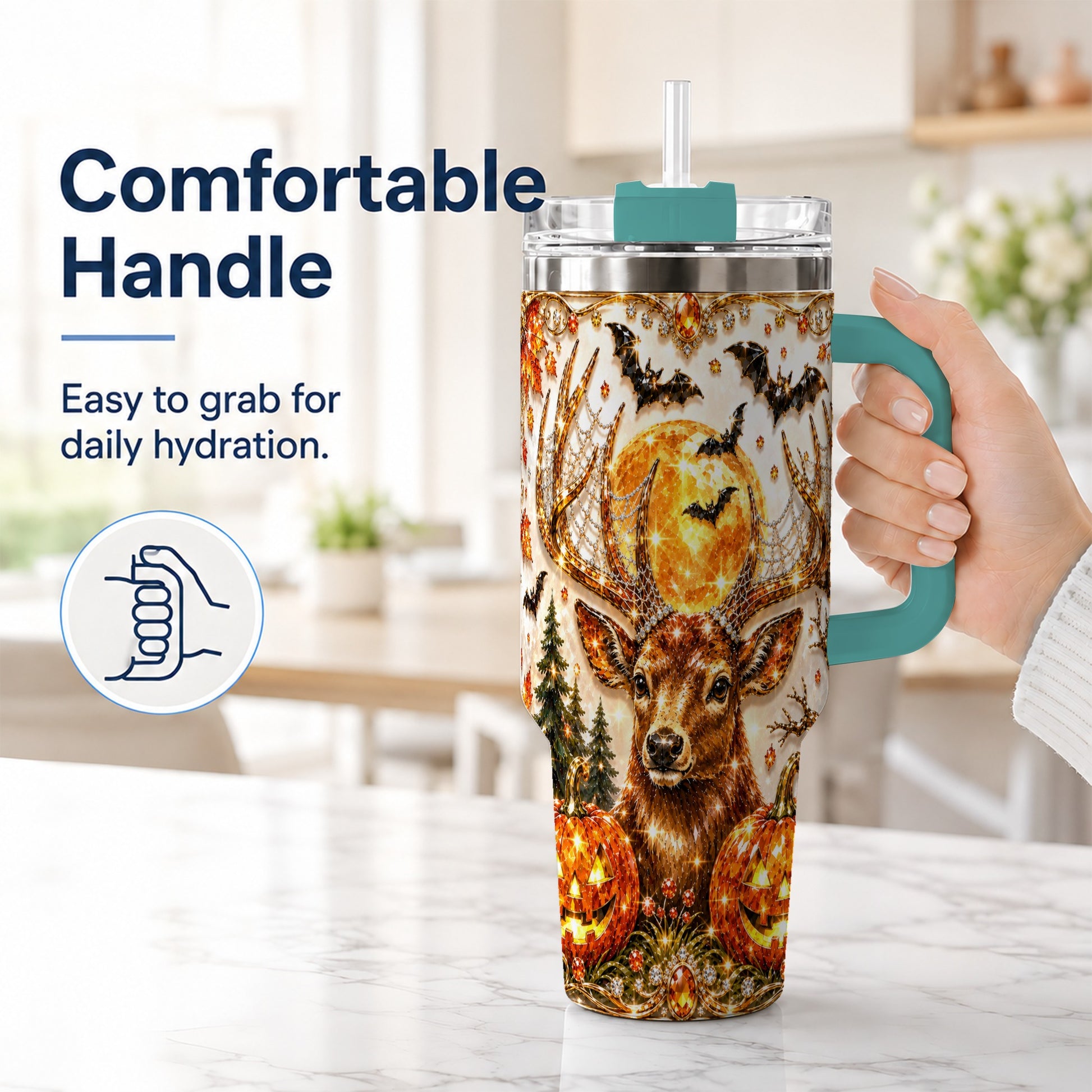 #pl[40oz|Green] Jeweled Deer 40oz Tumbler with Handle, Stainless Steel Tumbler