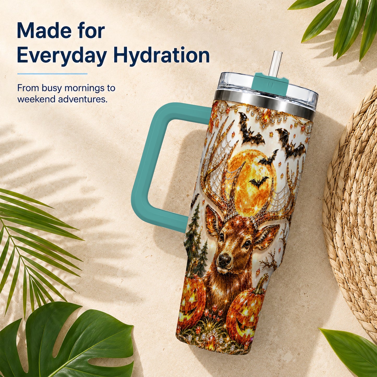 #pl[40oz|Green] Jeweled Deer 40oz Tumbler with Handle, Stainless Steel Tumbler
