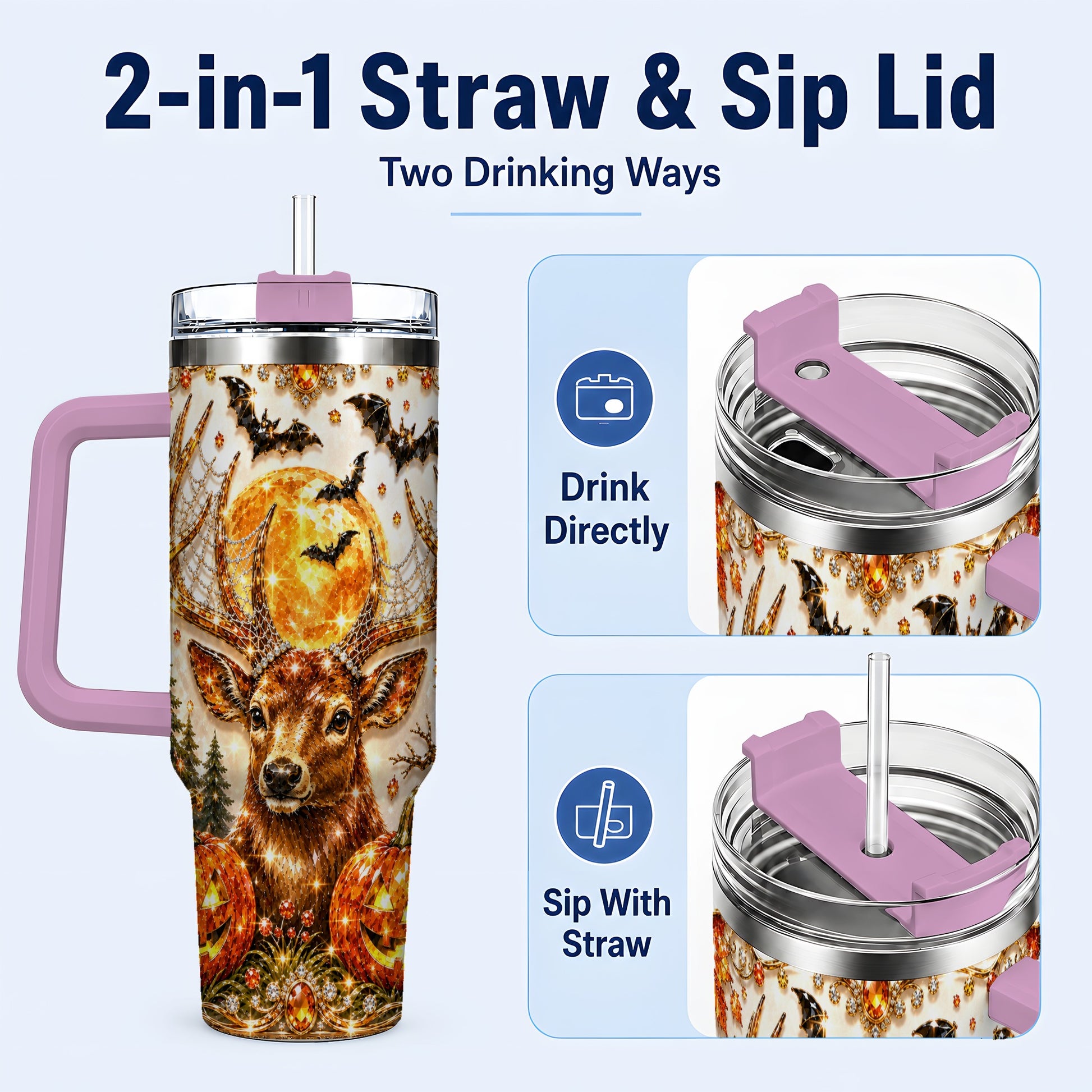 #pl[40oz|Pink] Jeweled Deer 40oz Tumbler with Handle, Stainless Steel Tumbler