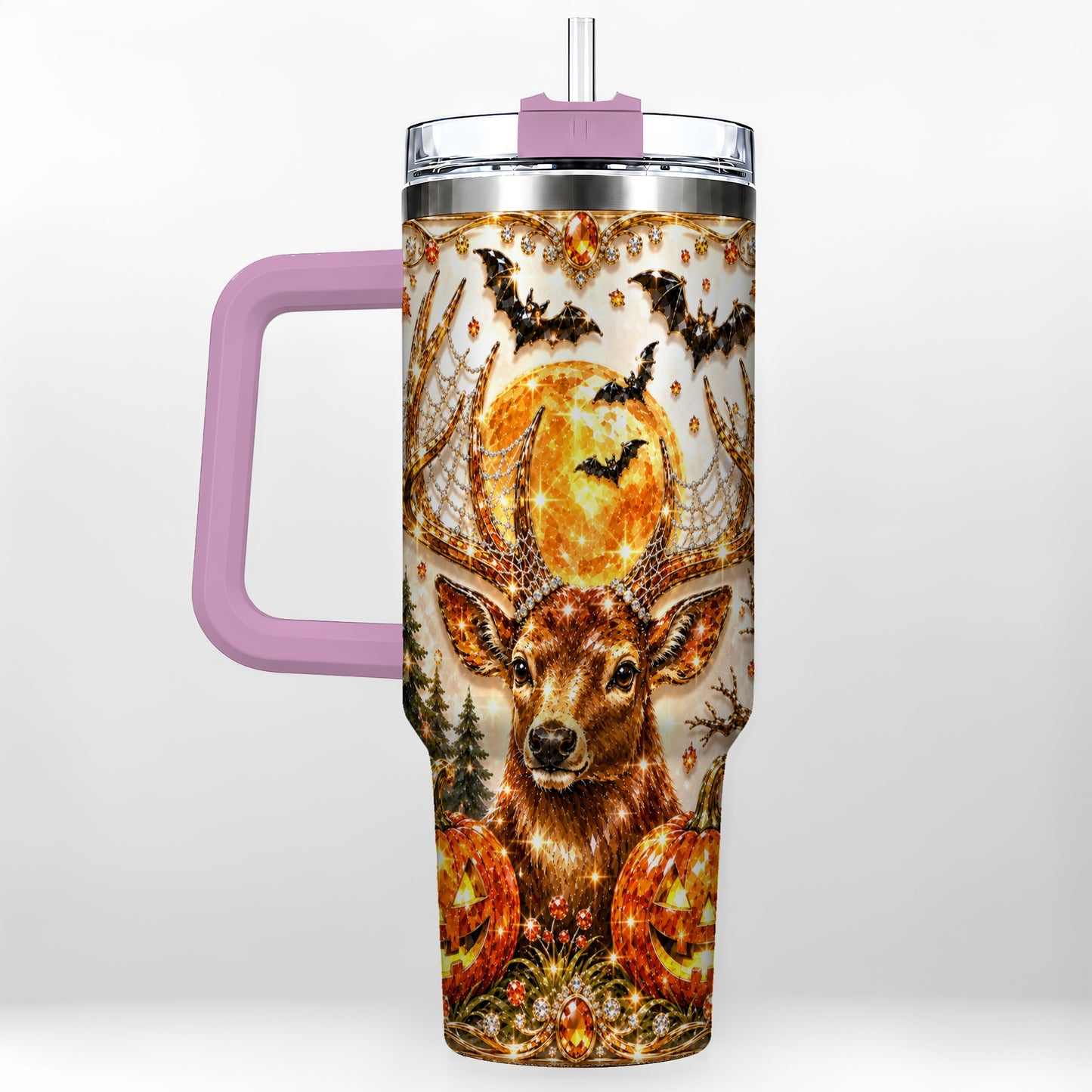 #pl[40oz|Pink] Jeweled Deer 40oz Tumbler with Handle, Stainless Steel Tumbler