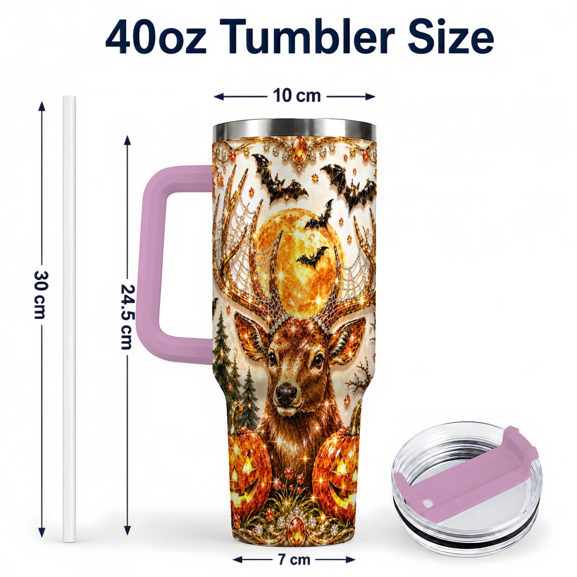 #pl[40oz|Pink] Jeweled Deer 40oz Tumbler with Handle, Stainless Steel Tumbler