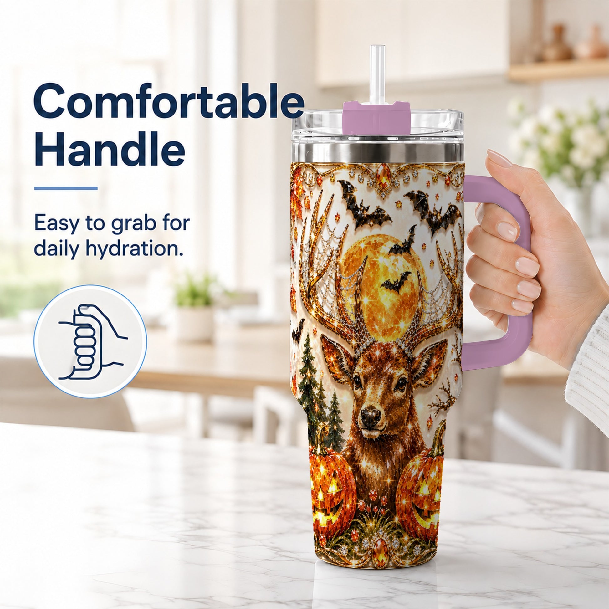 #pl[40oz|Pink] Jeweled Deer 40oz Tumbler with Handle, Stainless Steel Tumbler