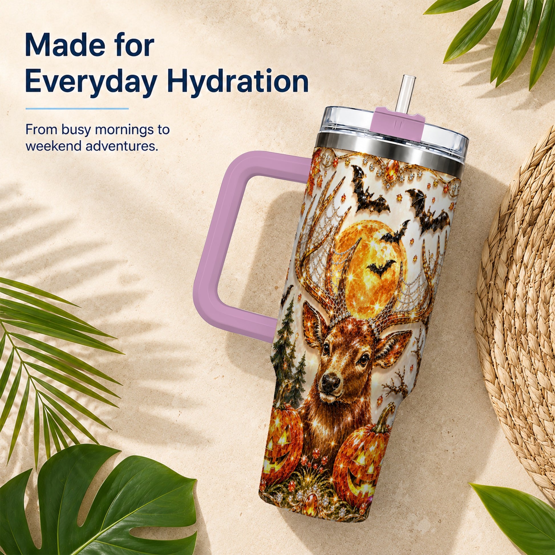#pl[40oz|Pink] Jeweled Deer 40oz Tumbler with Handle, Stainless Steel Tumbler
