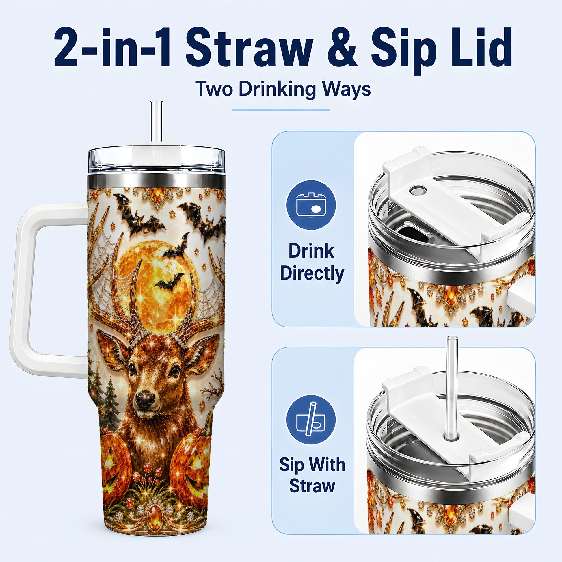 #pl[40oz|White] Jeweled Deer 40oz Tumbler with Handle, Stainless Steel Tumbler