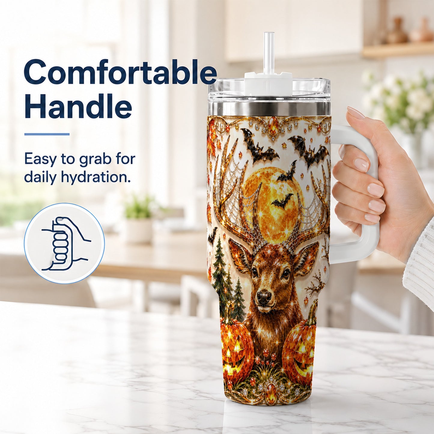 #pl[40oz|White] Jeweled Deer 40oz Tumbler with Handle, Stainless Steel Tumbler