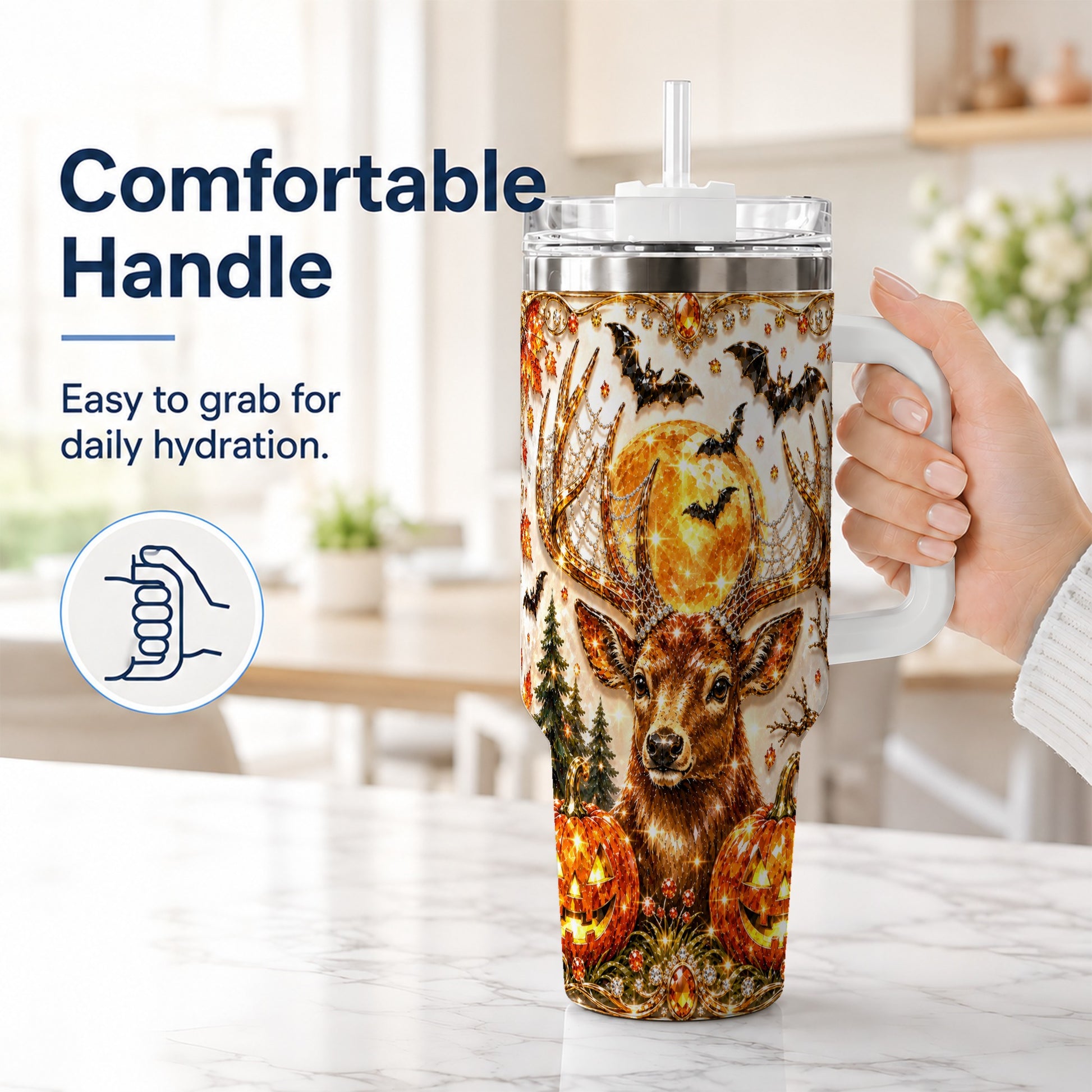 #pl[40oz|White] Jeweled Deer 40oz Tumbler with Handle, Stainless Steel Tumbler
