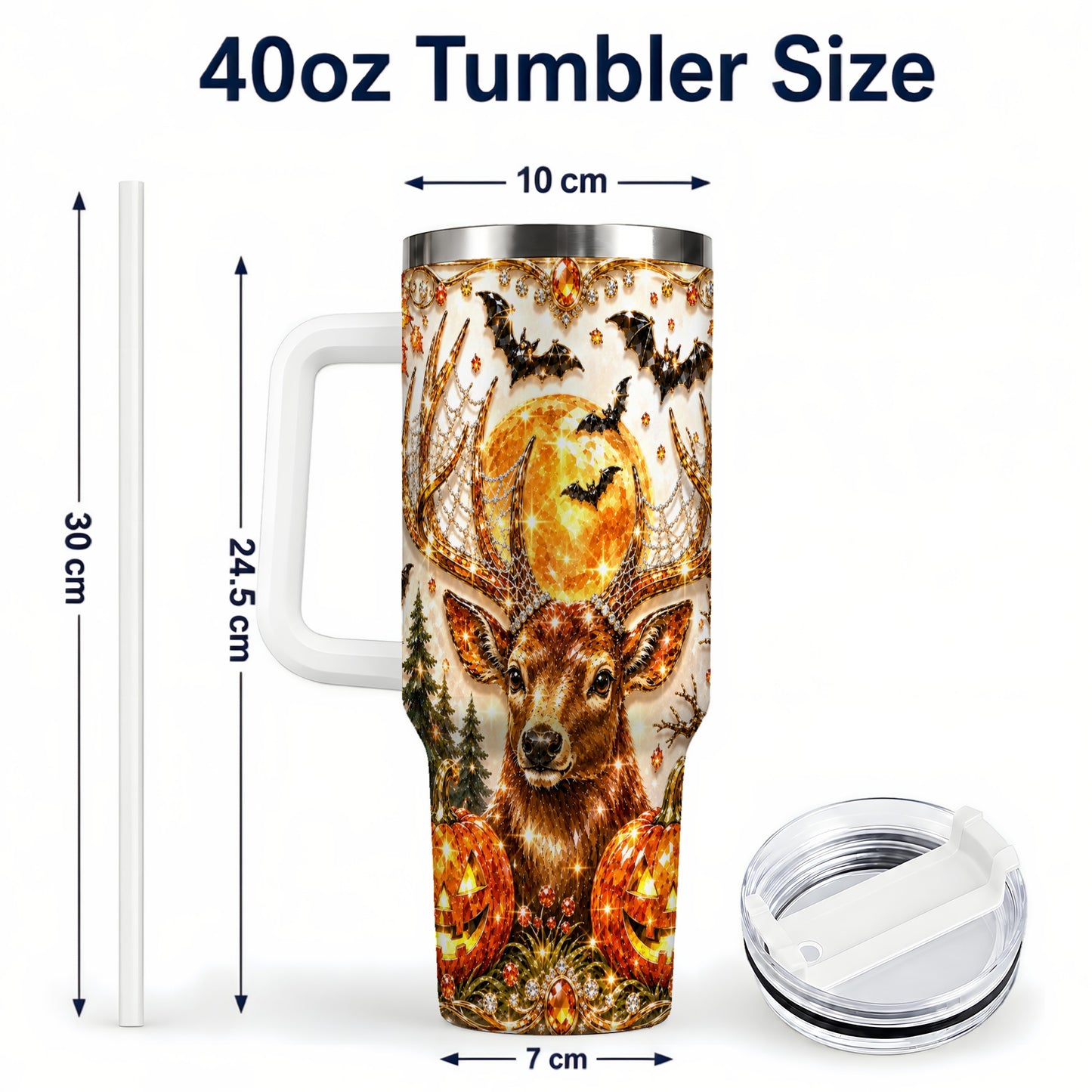 #pl[40oz|White] Jeweled Deer 40oz Tumbler with Handle, Stainless Steel Tumbler