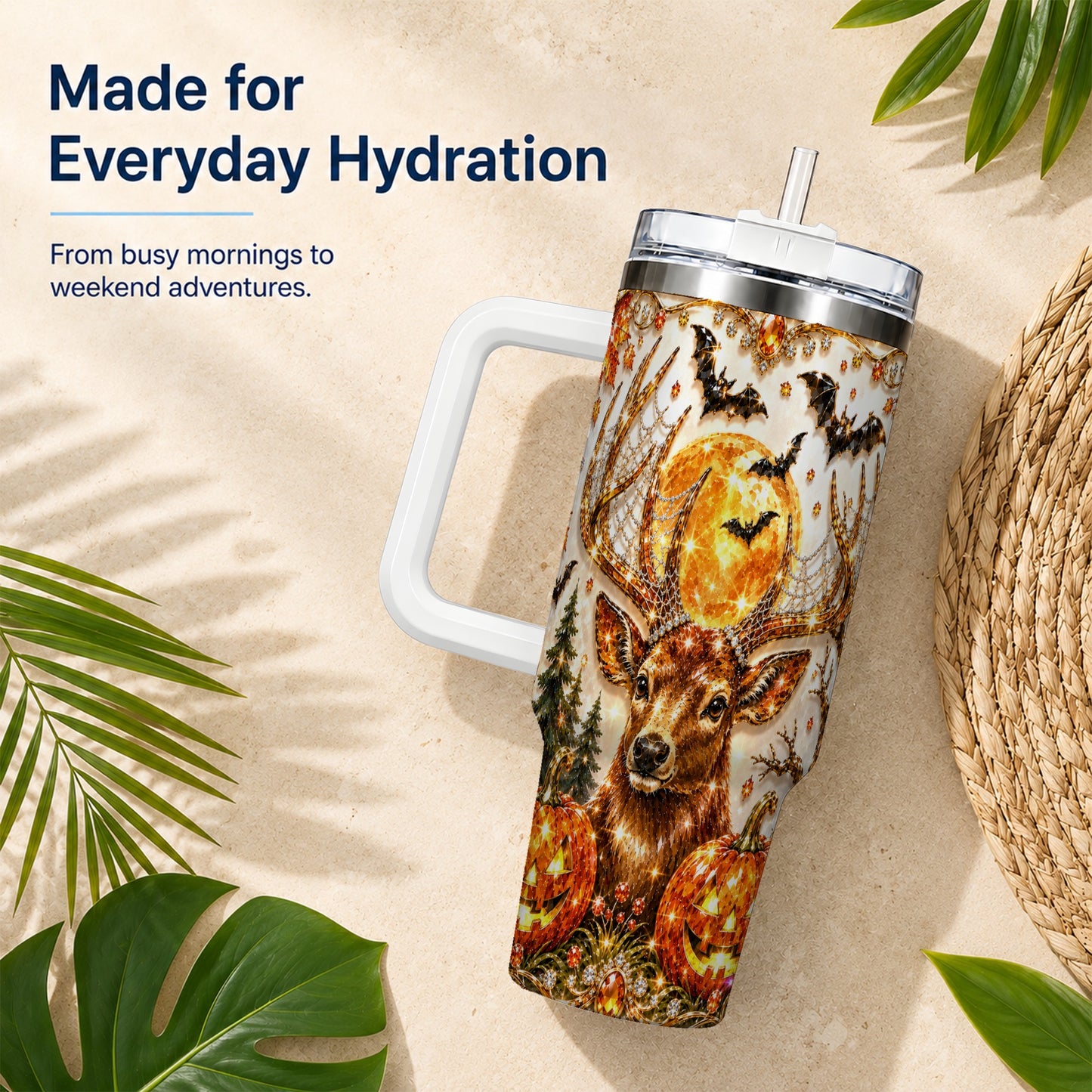 #pl[40oz|White] Jeweled Deer 40oz Tumbler with Handle, Stainless Steel Tumbler