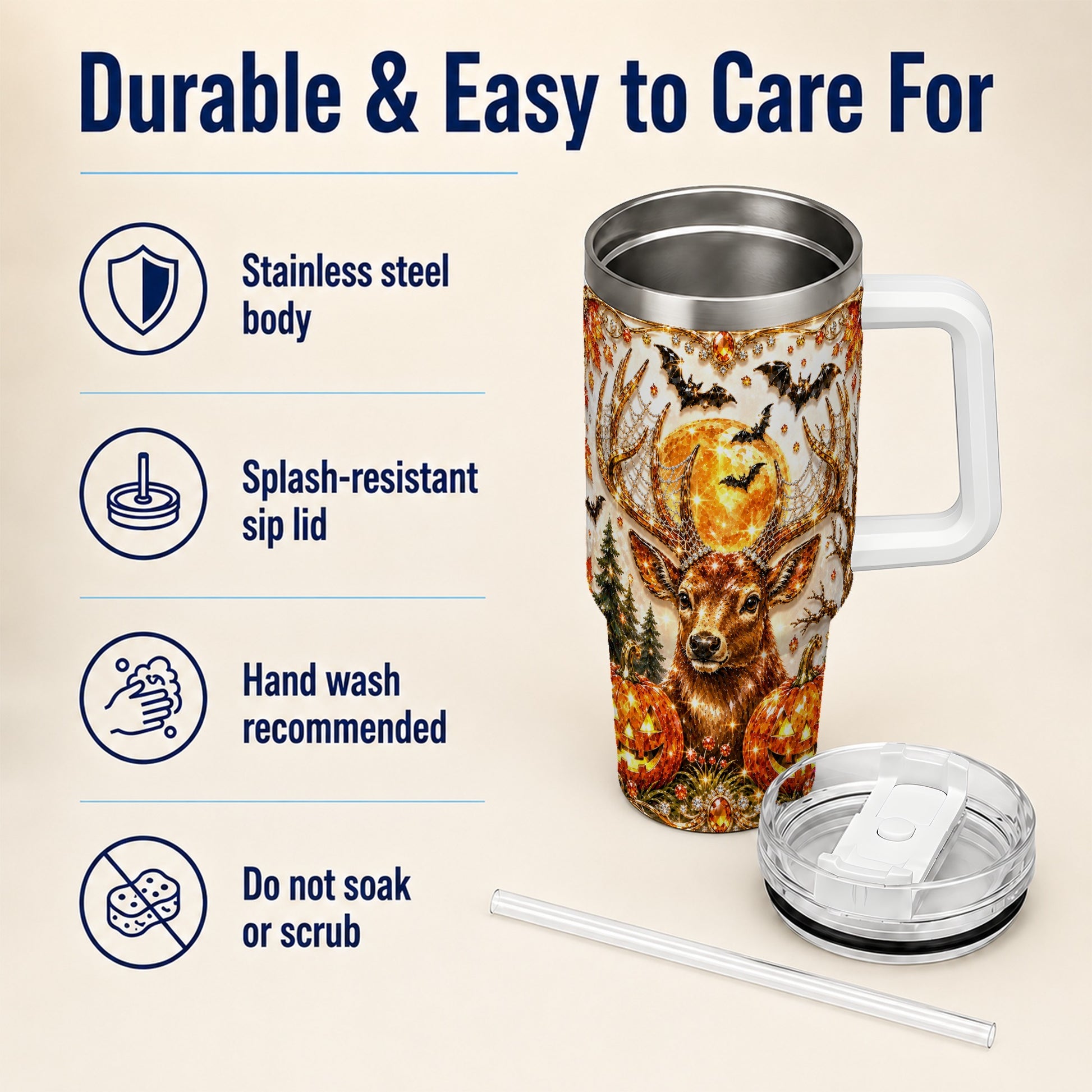 #pl[40oz|White] Jeweled Deer 40oz Tumbler with Handle, Stainless Steel Tumbler
