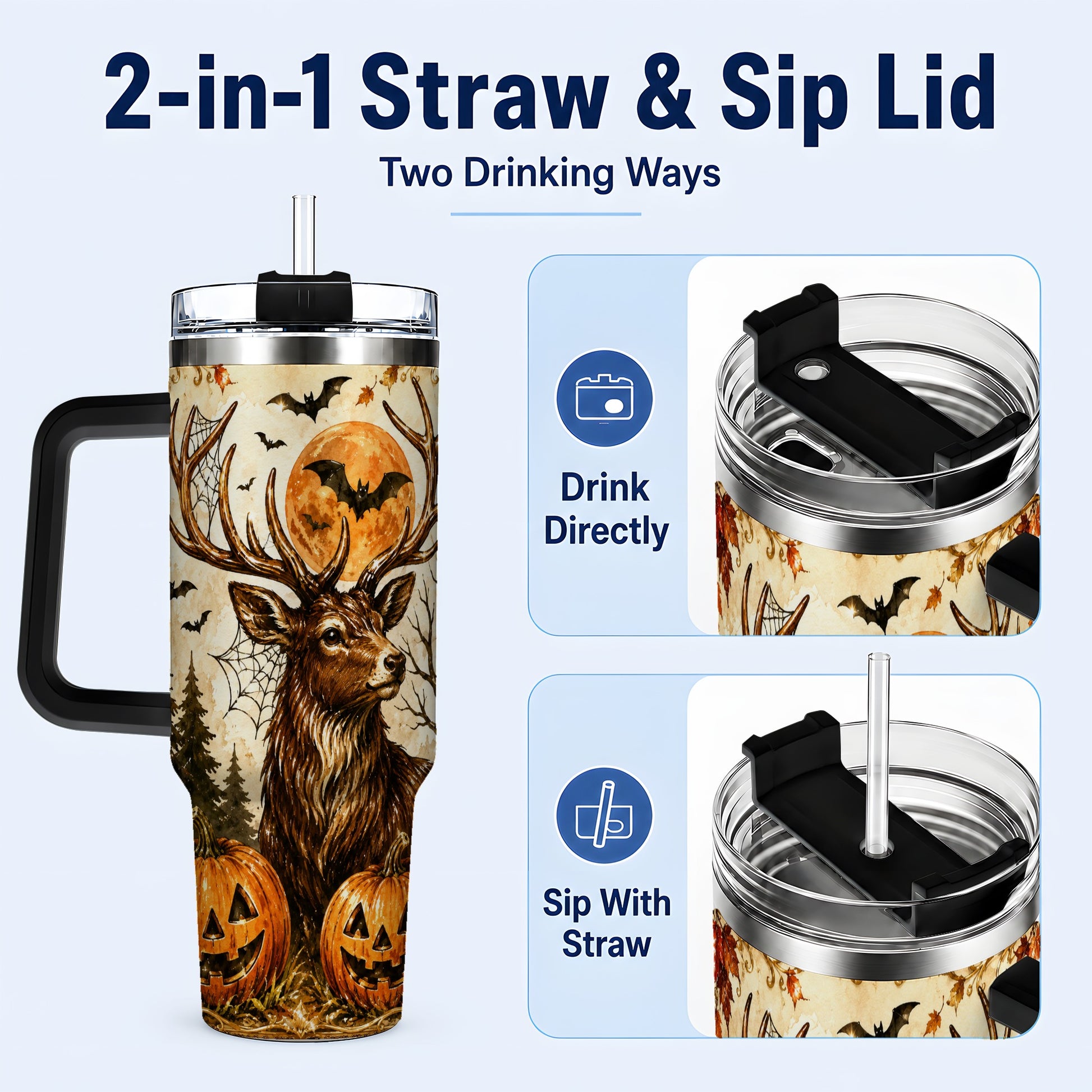 #pl[40oz|Black] Autumn Deer 40oz Tumbler with Handle, Stainless Steel Tumbler