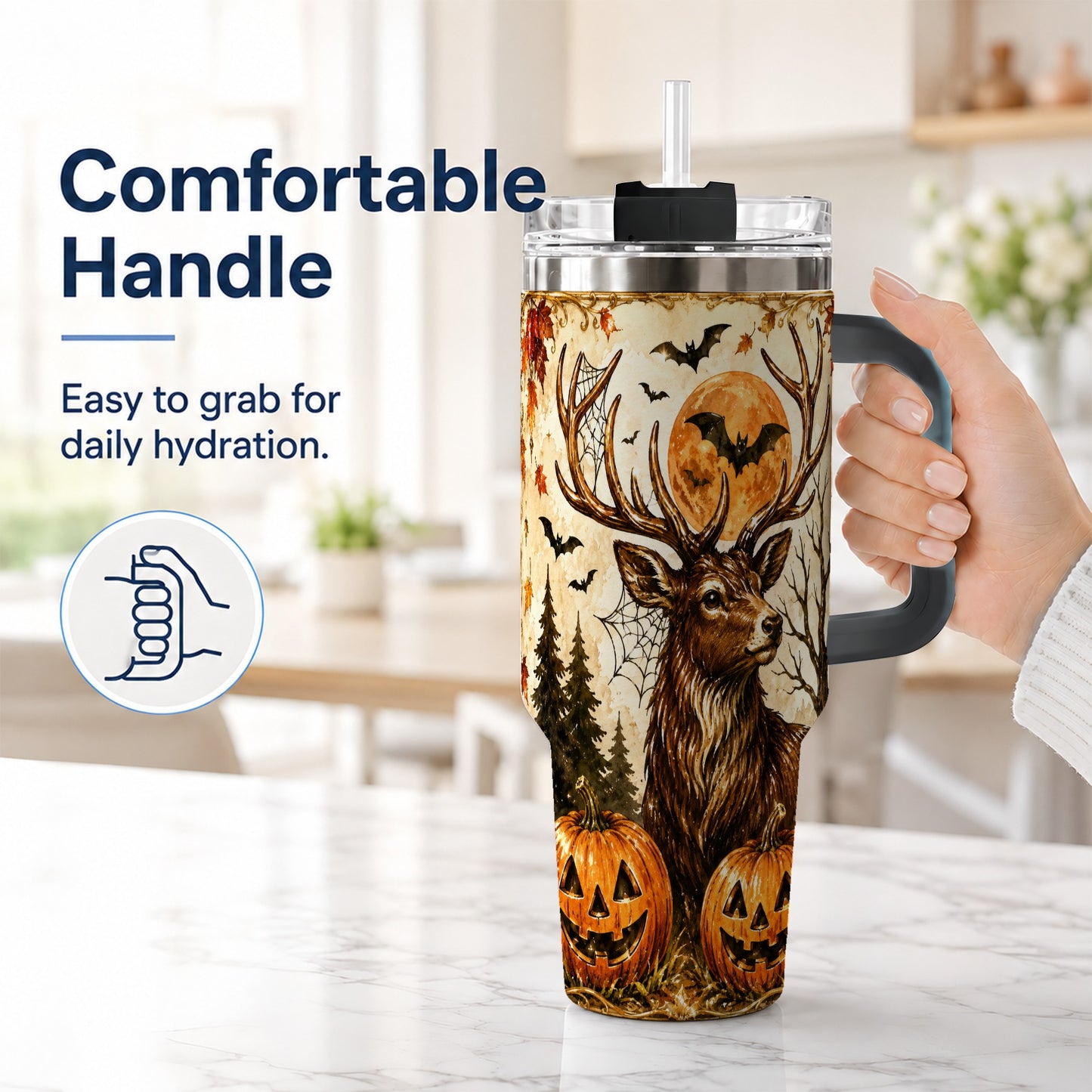#pl[40oz|Black] Autumn Deer 40oz Tumbler with Handle, Stainless Steel Tumbler
