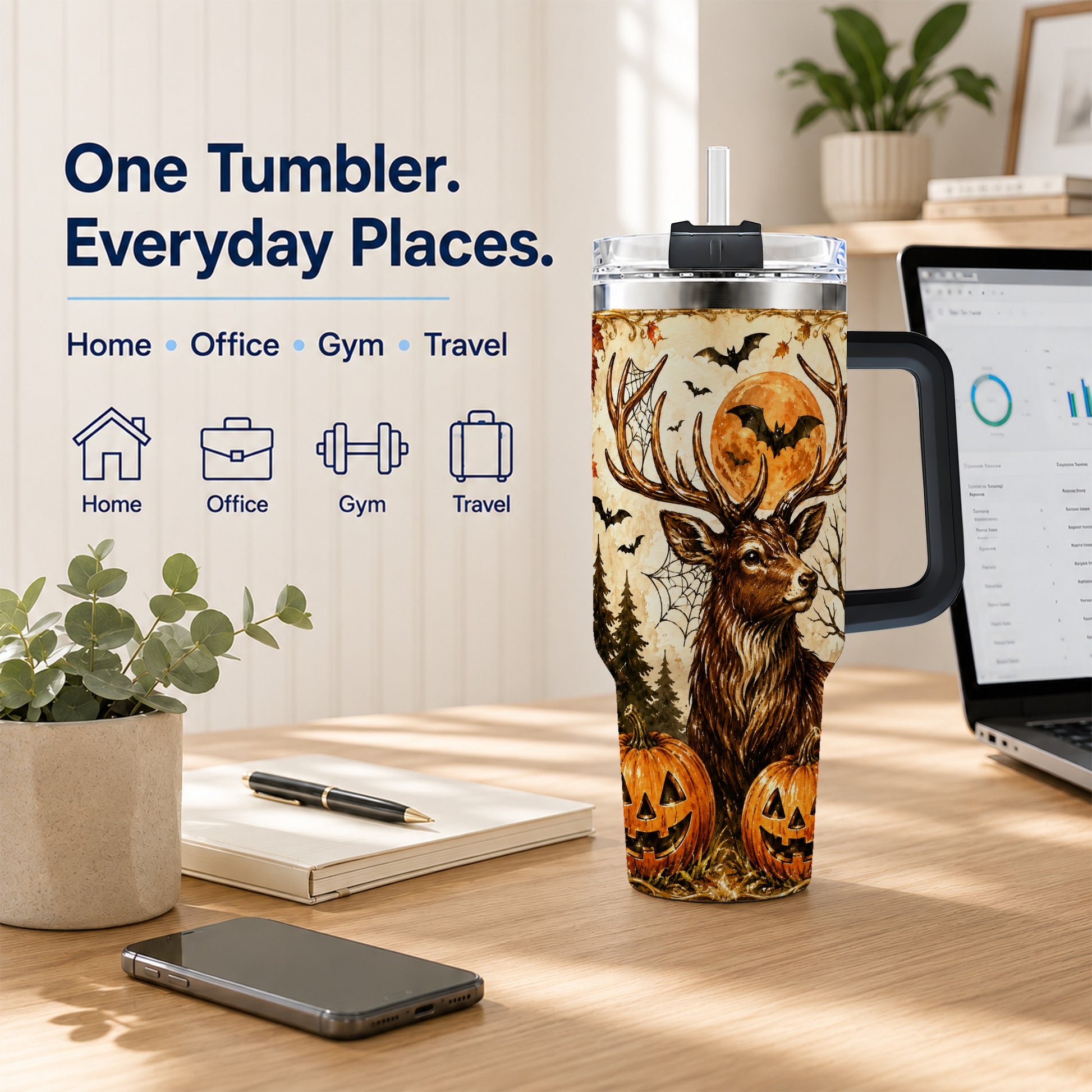 #pl[40oz|Black] Autumn Deer 40oz Tumbler with Handle, Stainless Steel Tumbler