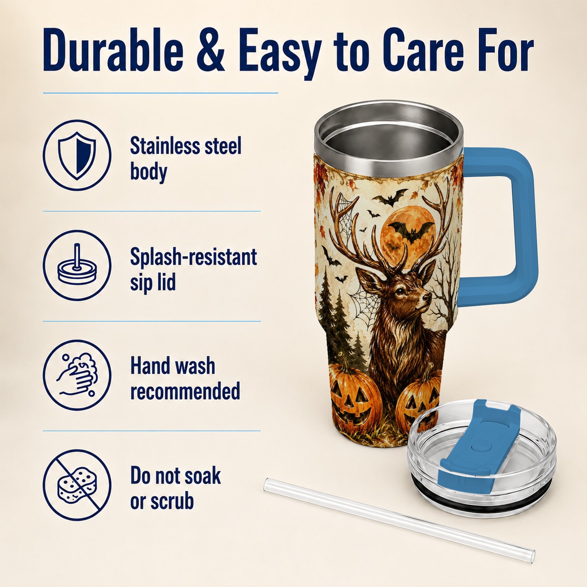 #pl[40oz|Blue] Autumn Deer 40oz Tumbler with Handle, Stainless Steel Tumbler
